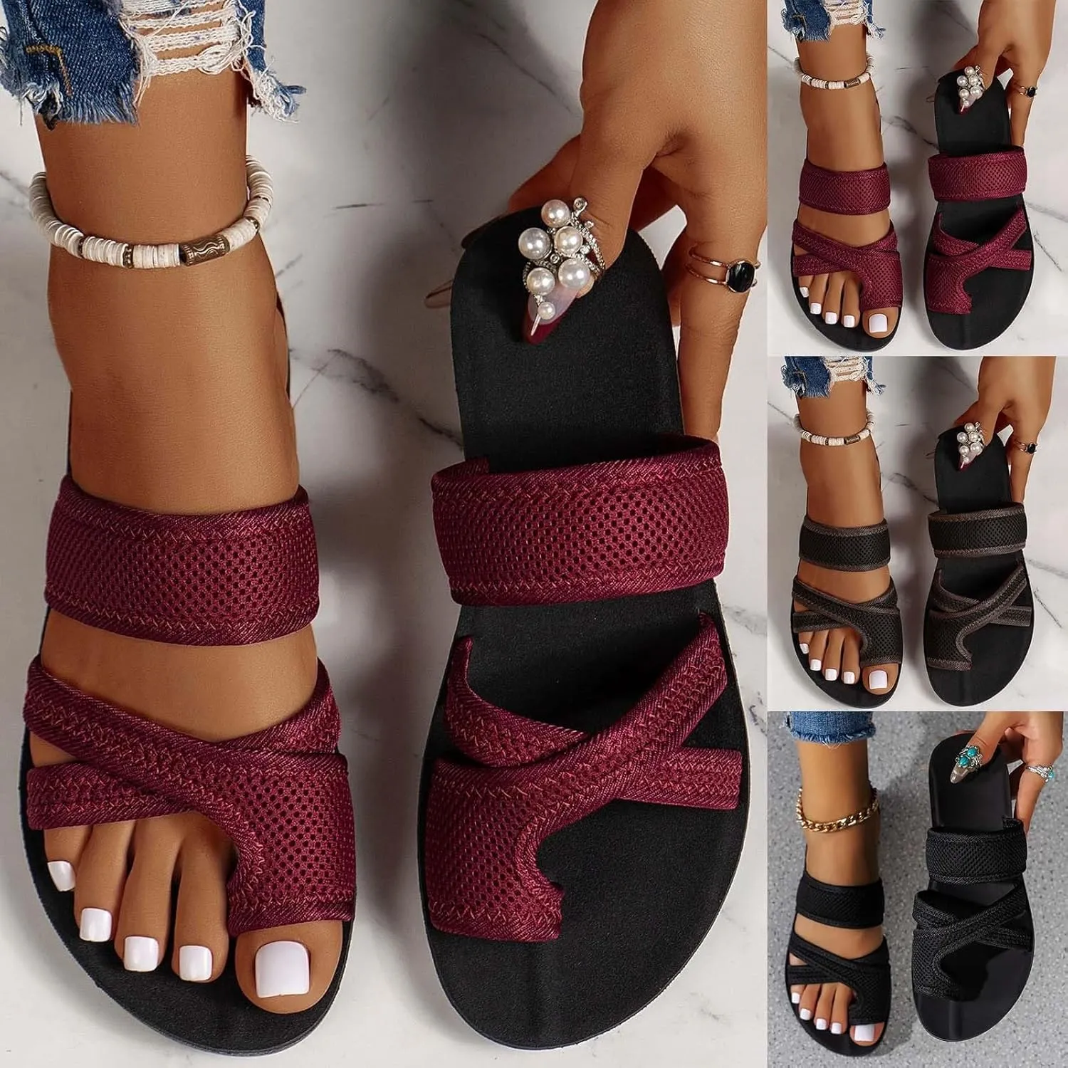 2024 Women's Hollow Mesh Slide Sandals - Breathable Orthopedic Arch Support Mesh Sandals Beach Slip On Walking Shoes