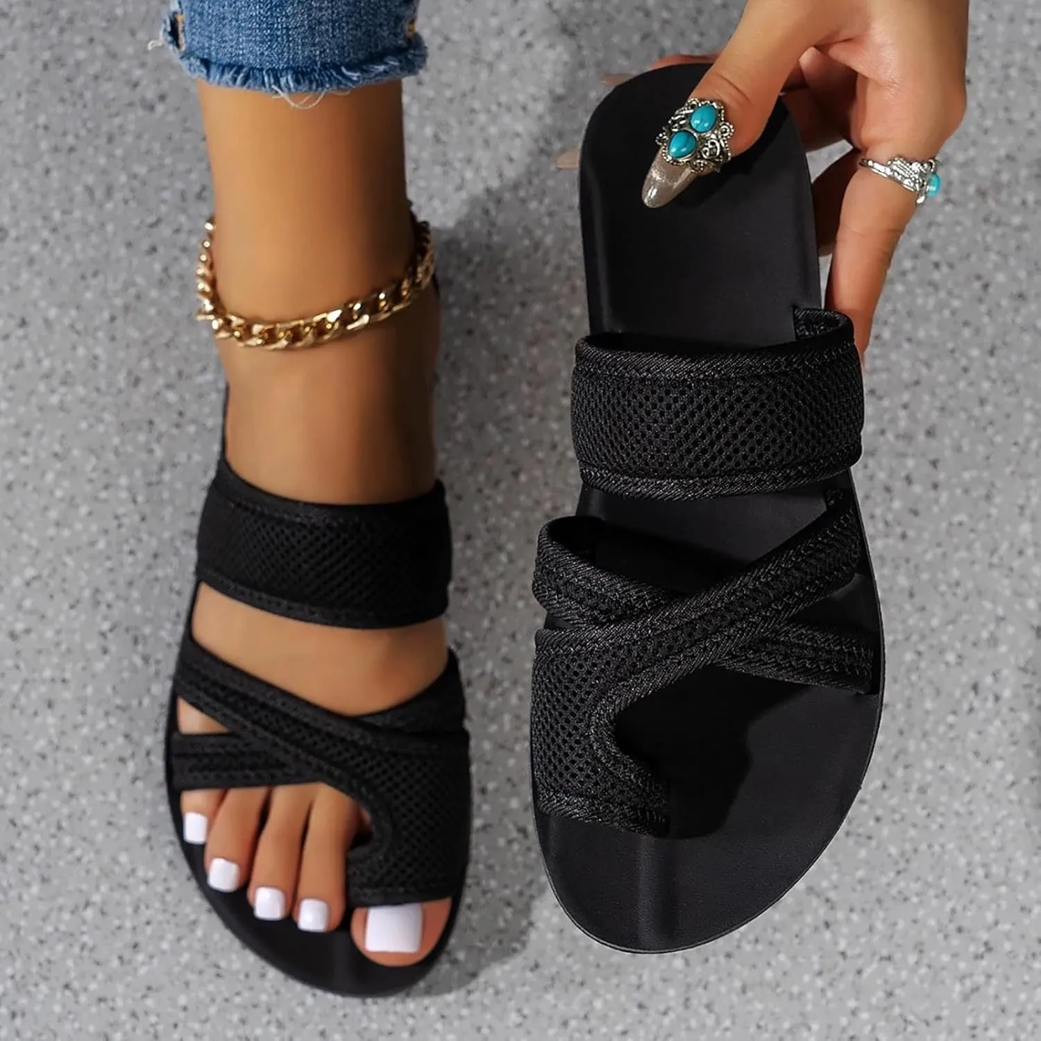 2024 Women's Hollow Mesh Slide Sandals - Orthopedic Arch Support Breathable Mesh Sandals Slip On Beach Walking Shoes