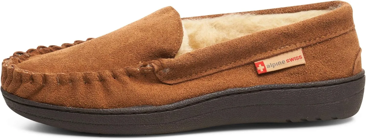 Alpine Swiss Yukon Mens Moccasin Slippers Genuine Suede Slip-On House Shoes Shearling Lining Comfy Stylish Indoor Footwear