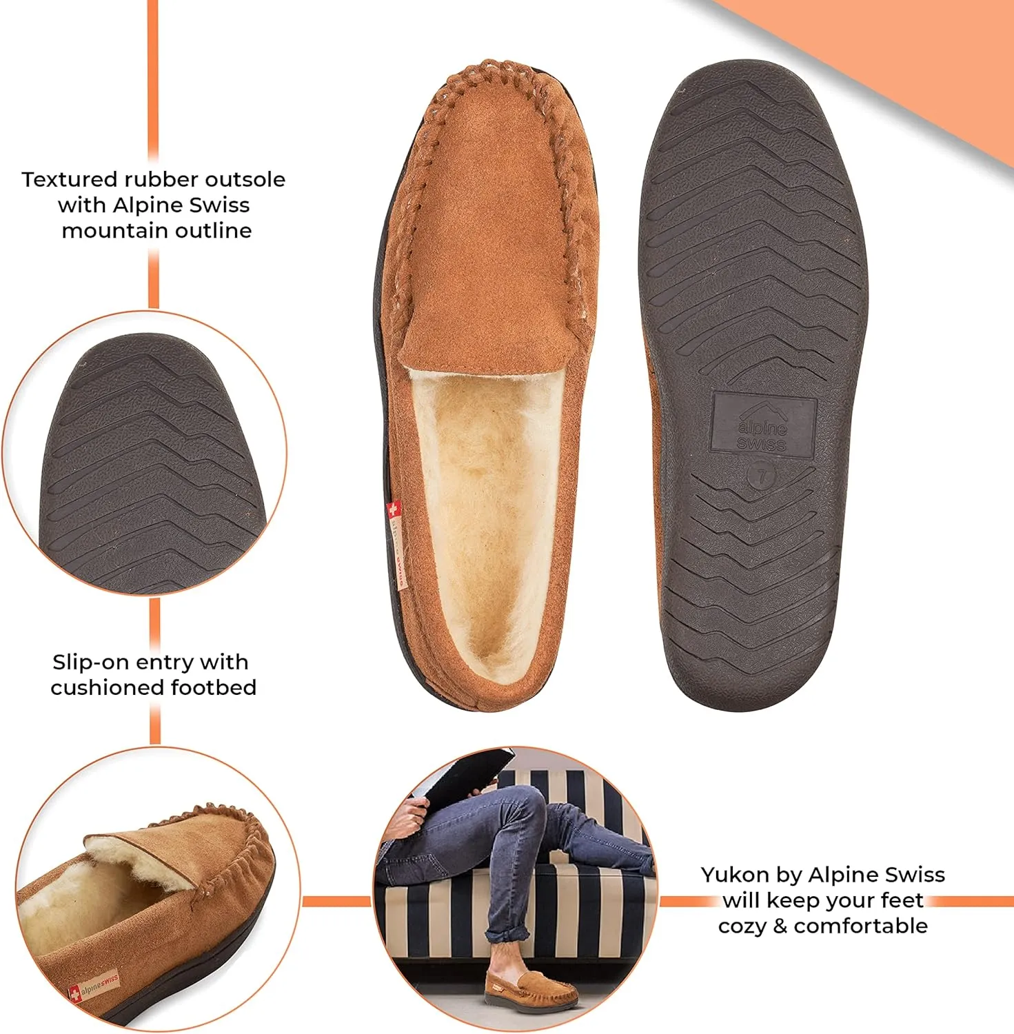 Alpine Swiss Yukon Mens Moccasin Slippers Genuine Suede Slip-On House Shoes Shearling Lining Comfy Stylish Indoor Footwear
