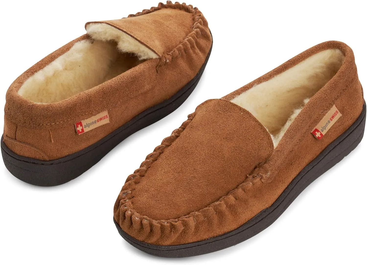 Alpine Swiss Yukon Mens Moccasin Slippers Genuine Suede Slip-On House Shoes Shearling Lining Comfy Stylish Indoor Footwear