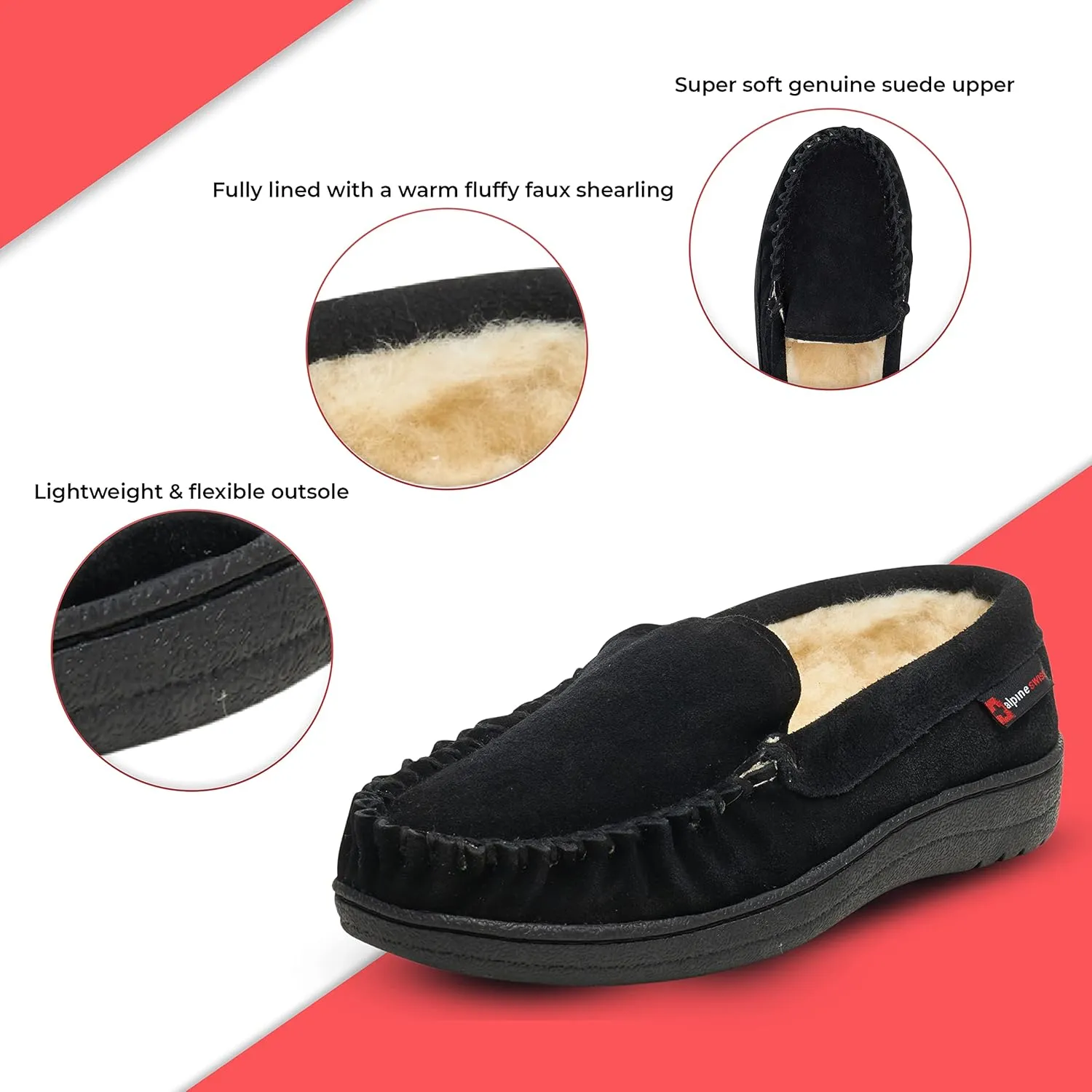 Alpine Swiss Yukon Mens Moccasin Slippers Genuine Suede Slip-On House Shoes Shearling Lining Comfy Stylish Indoor Footwear