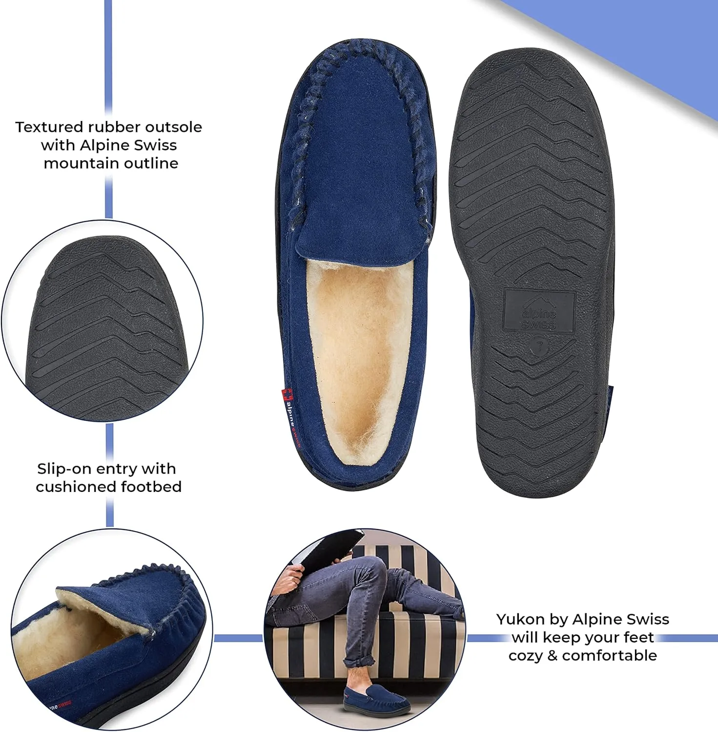 Alpine Swiss Yukon Mens Moccasin Slippers Genuine Suede Slip-On House Shoes Shearling Lining Comfy Stylish Indoor Footwear