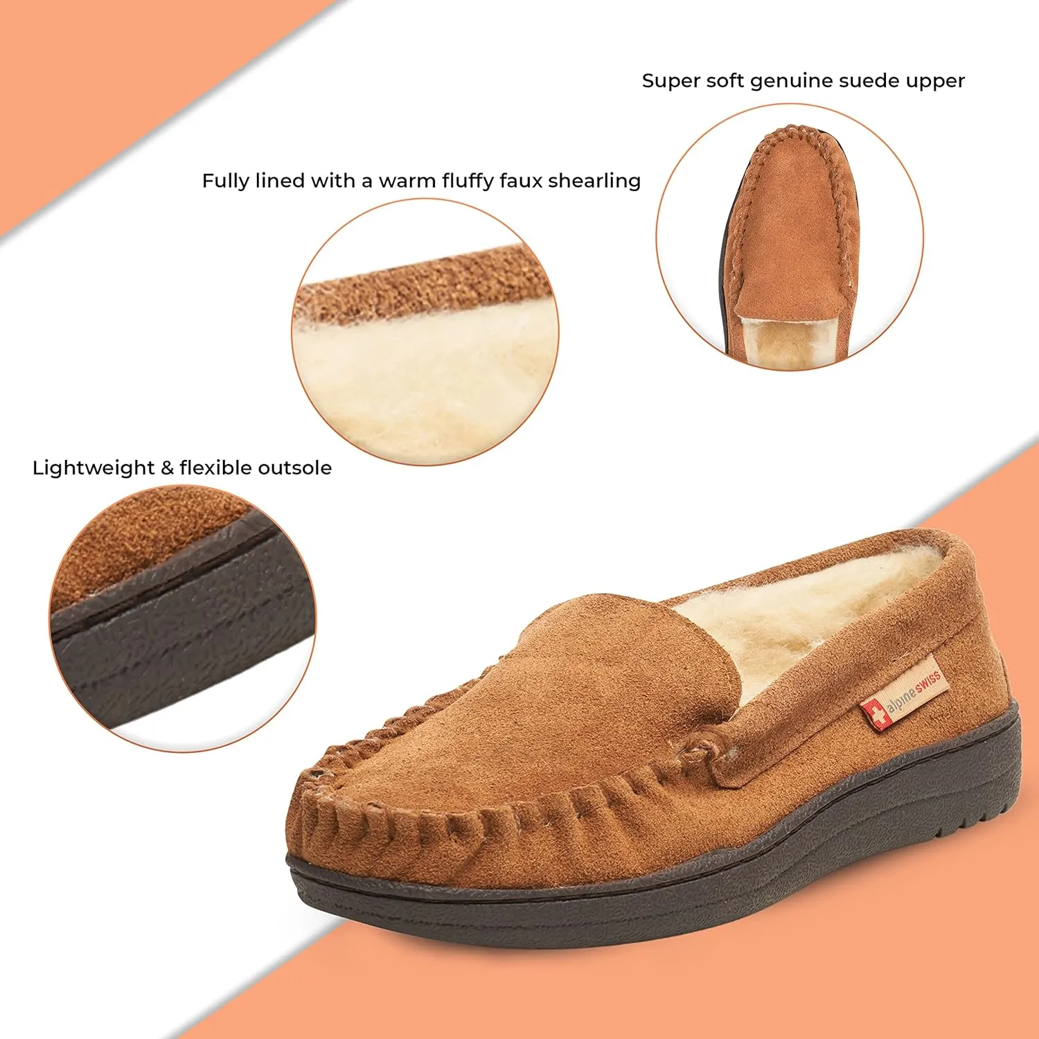 Alpine Swiss Yukon Mens Moccasin Slippers Genuine Suede Slip-On House Shoes Shearling Lining Comfy Stylish Indoor Footwear