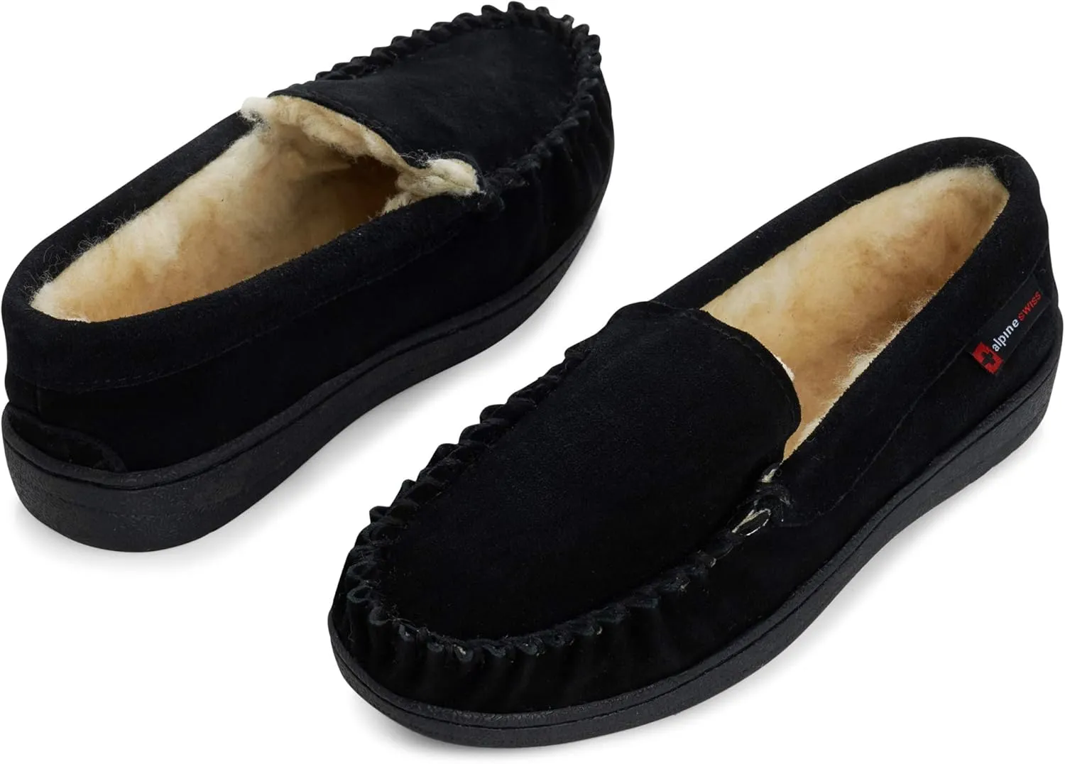 Alpine Swiss Yukon Mens Moccasin Slippers Genuine Suede Slip-On House Shoes Shearling Lining Comfy Stylish Indoor Footwear
