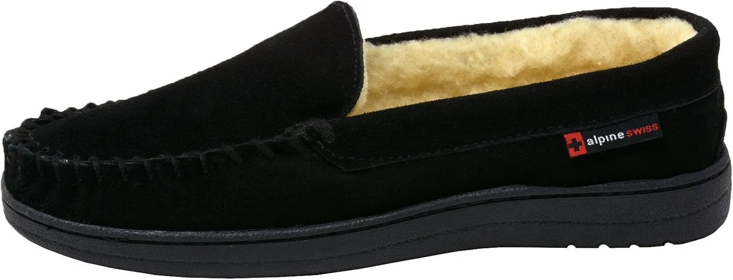 Alpine Swiss Yukon Mens Moccasin Slippers Genuine Suede Slip-On House Shoes Shearling Lining Comfy Stylish Indoor Footwear