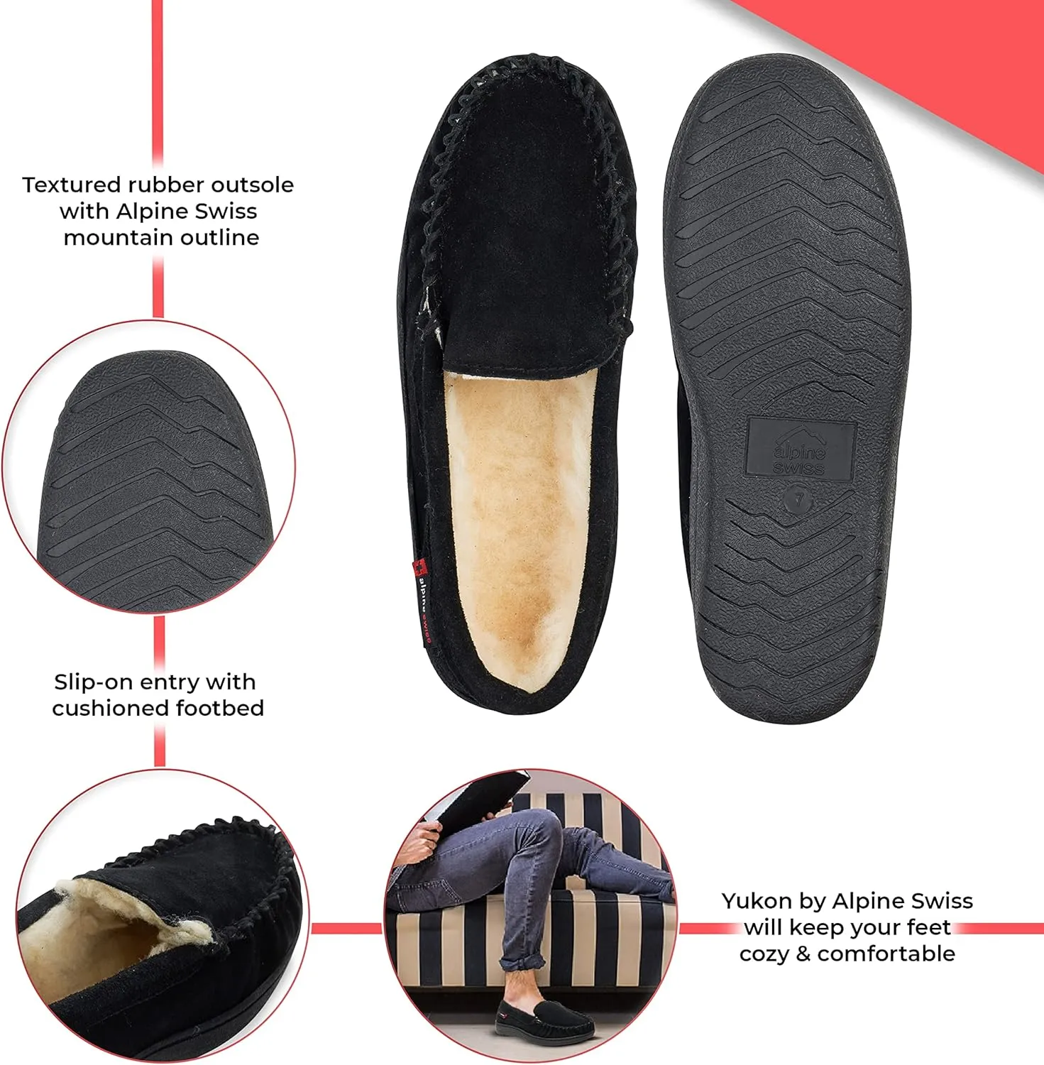 Alpine Swiss Yukon Mens Moccasin Slippers Genuine Suede Slip-On House Shoes Shearling Lining Comfy Stylish Indoor Footwear