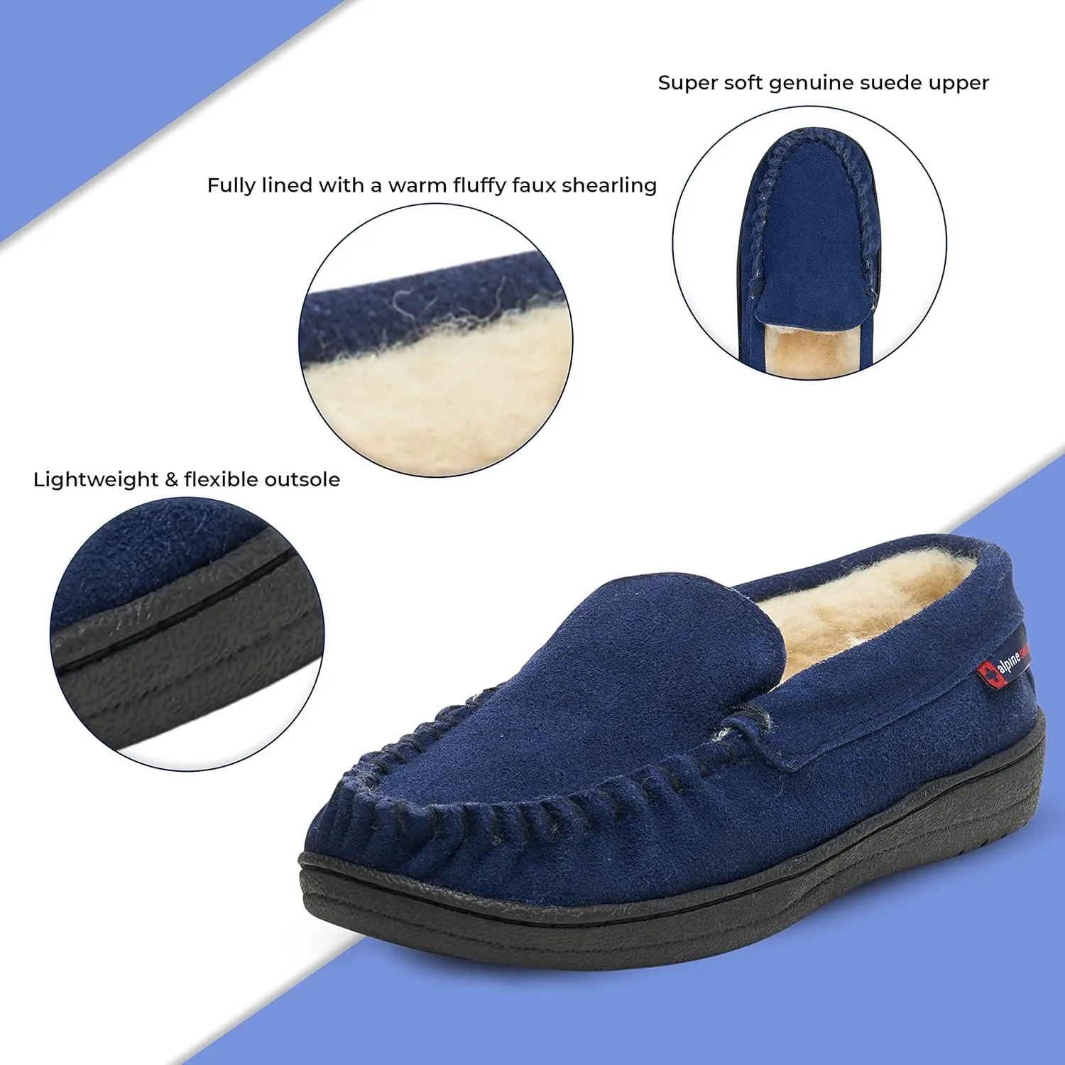 Alpine Swiss Yukon Mens Moccasin Slippers Genuine Suede Slip-On House Shoes Shearling Lining Comfy Stylish Indoor Footwear