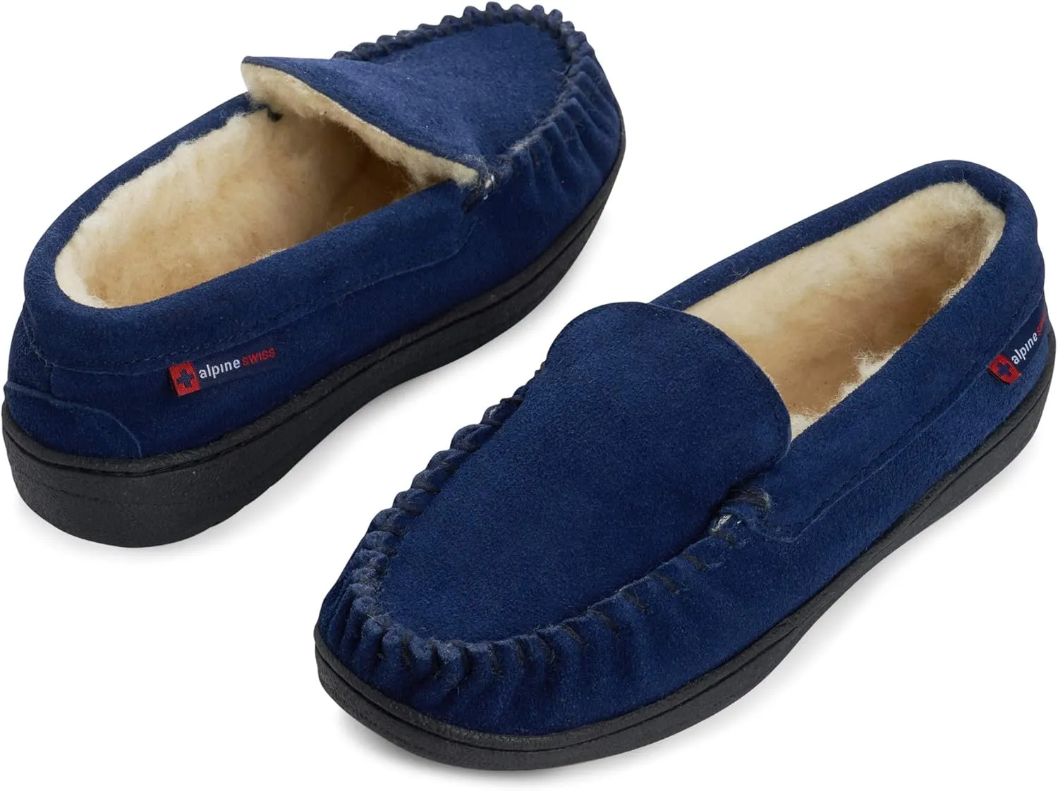 Alpine Swiss Yukon Mens Moccasin Slippers Genuine Suede Slip-On House Shoes Shearling Lining Comfy Stylish Indoor Footwear