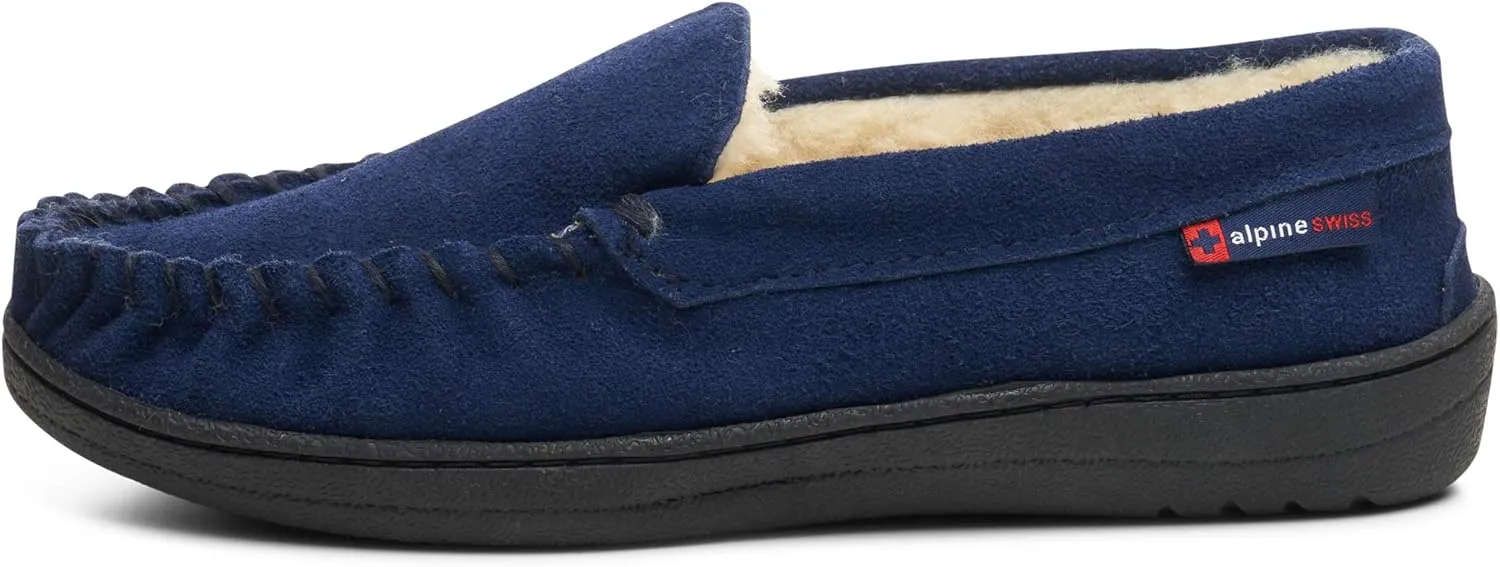 Alpine Swiss Yukon Mens Moccasin Slippers Genuine Suede Slip-On House Shoes Shearling Lining Comfy Stylish Indoor Footwear