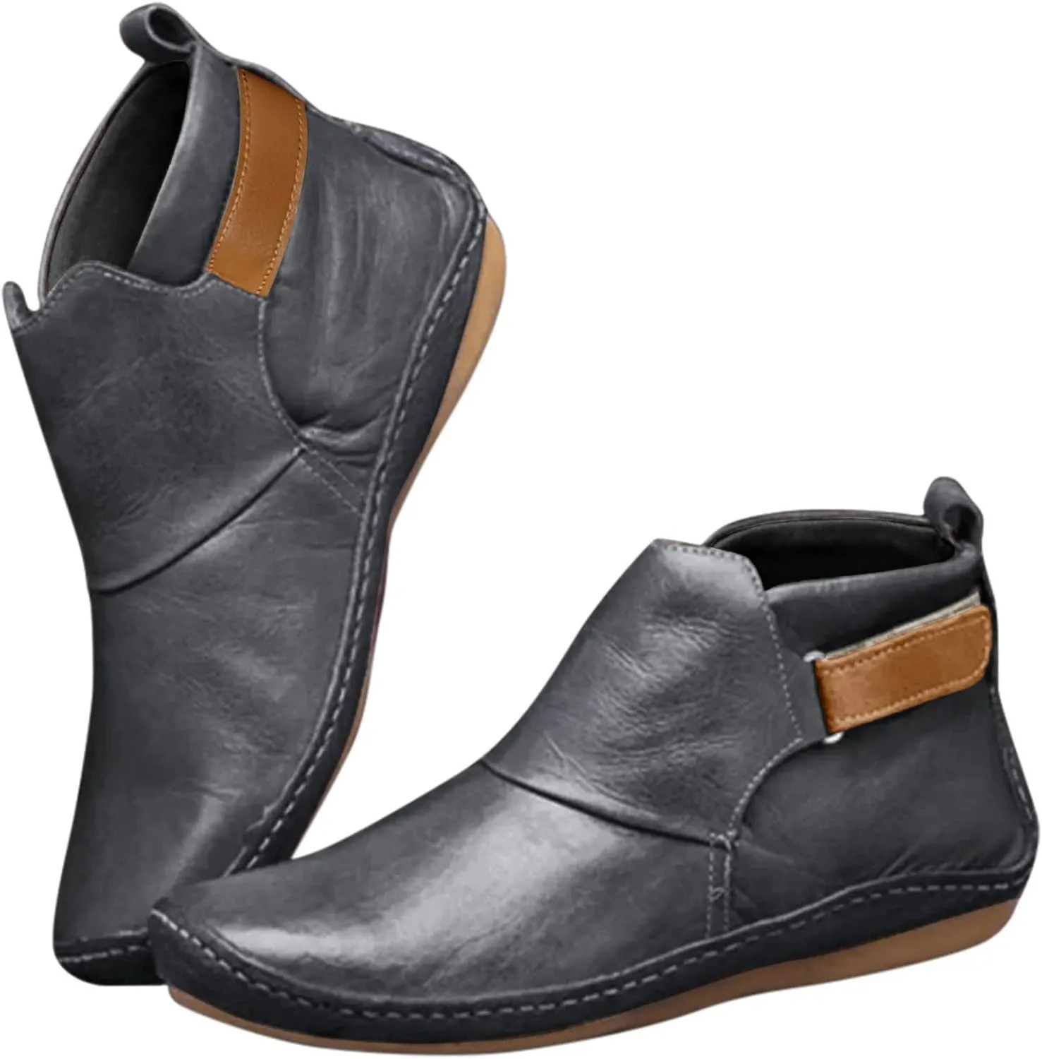 Ankle Booties for Women No Heel Arch Support Ankle Boots Comfy Flat Heel Booties Vintage Leather Damping Shoes
