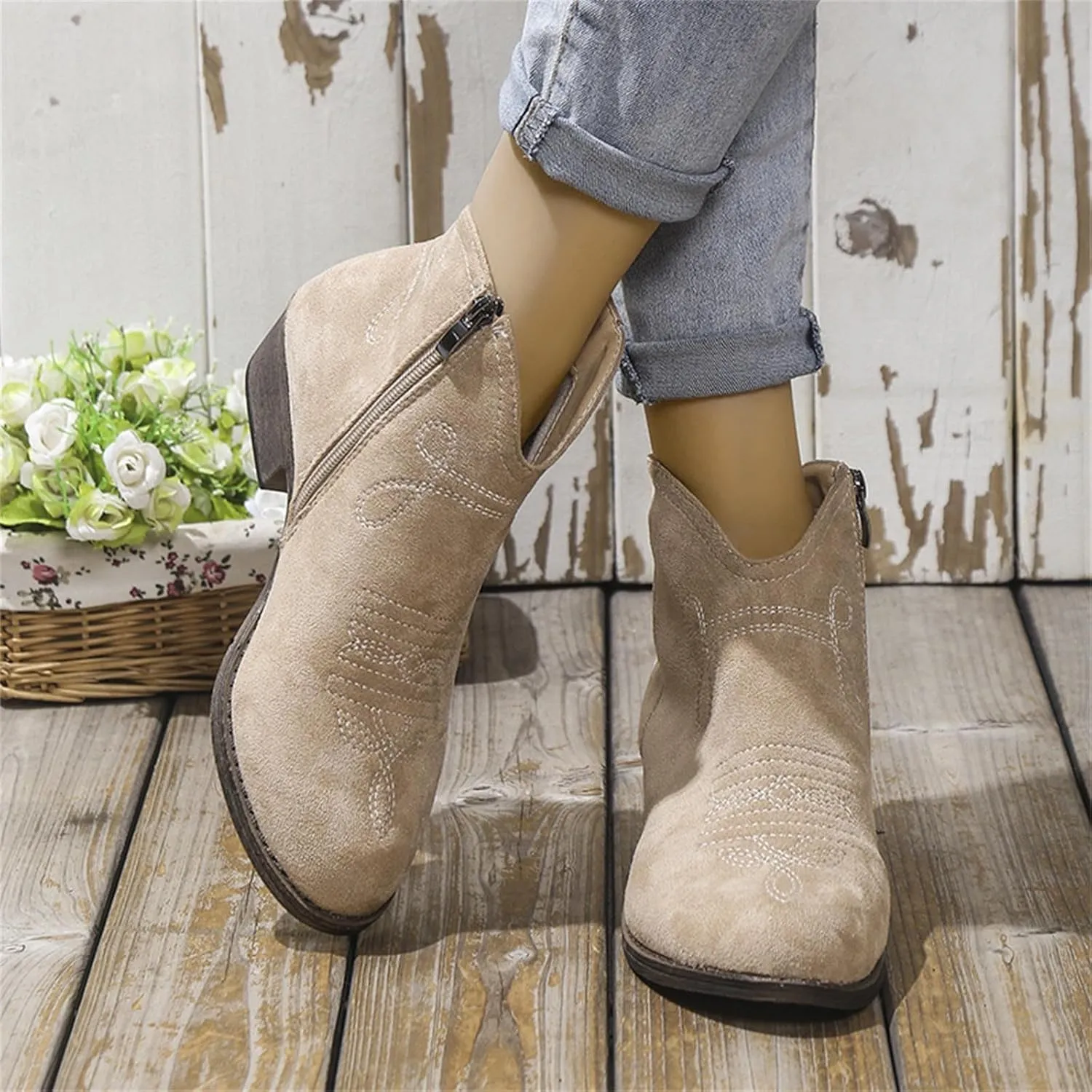 Ankle Boots for Women Dressy Winter Boots 2024 Casual Retro Pointed Toe Lace-up Leather Shoe Zipper Low Heel Booties