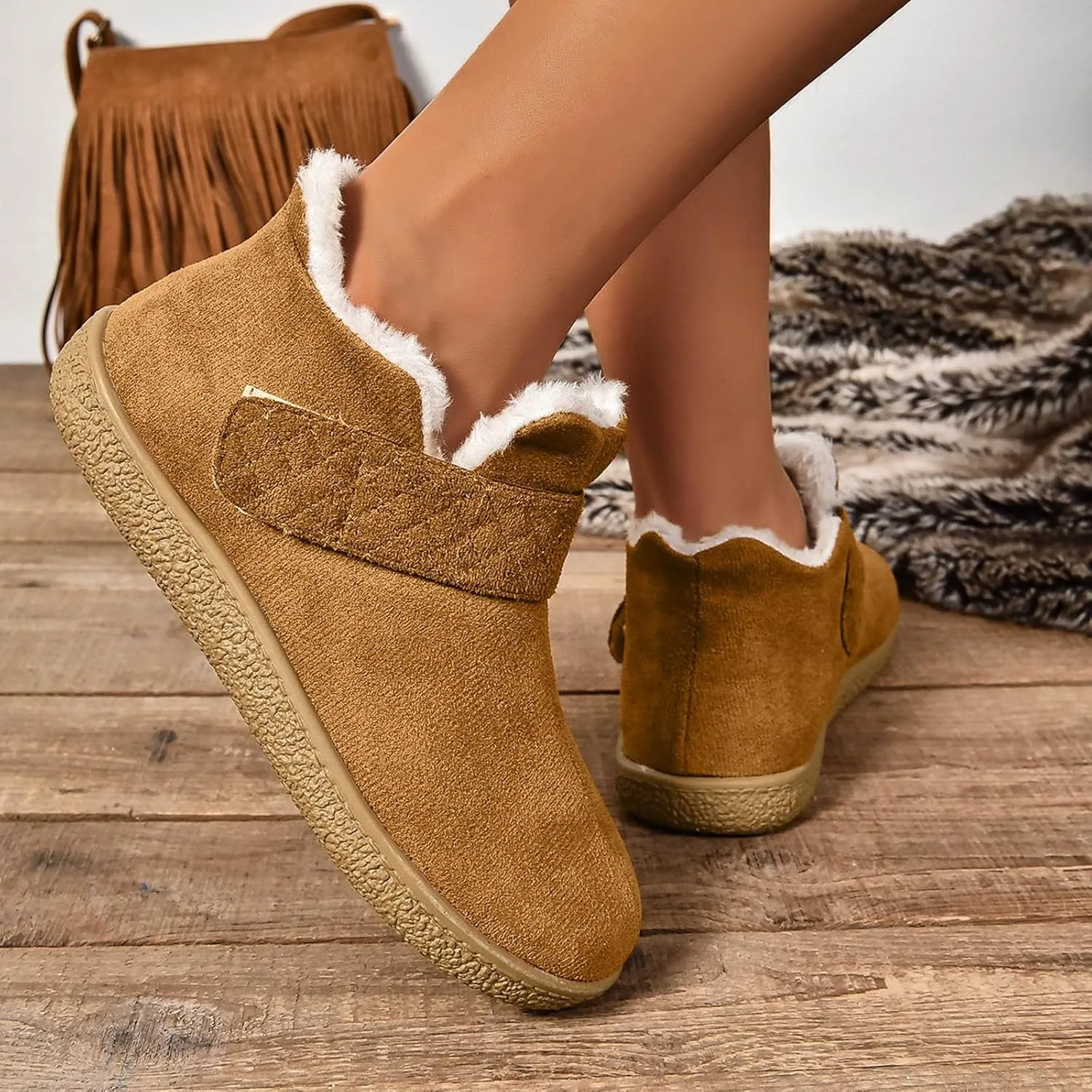 Ankle Boots for Women, Winter Ankle Boots Suede Upper Cozy Fur Lined Winter Boots For Indoor Outdoor Short Booties