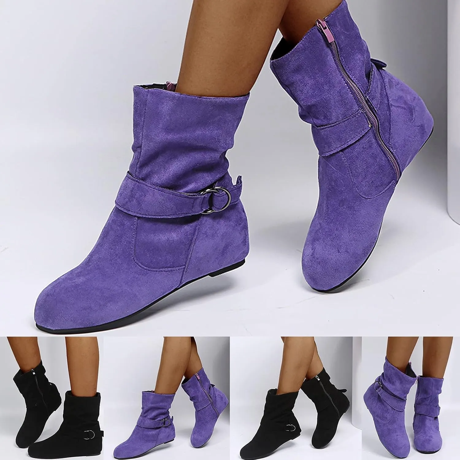 Ankle Flat Vintage Boots Women Buckle Boots Flat Vintage Round Toe Buckle Flat Rubber Slip on Boots Comfortable