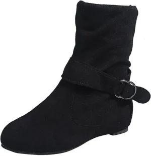 Ankle Flat Vintage Boots Women Buckle Boots Flat Vintage Round Toe Buckle Flat Rubber Slip on Boots Comfortable