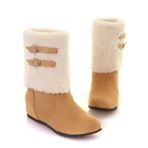 Big Size Buckle Folded Casual Warm Cotton Lining Mid Calf Boots