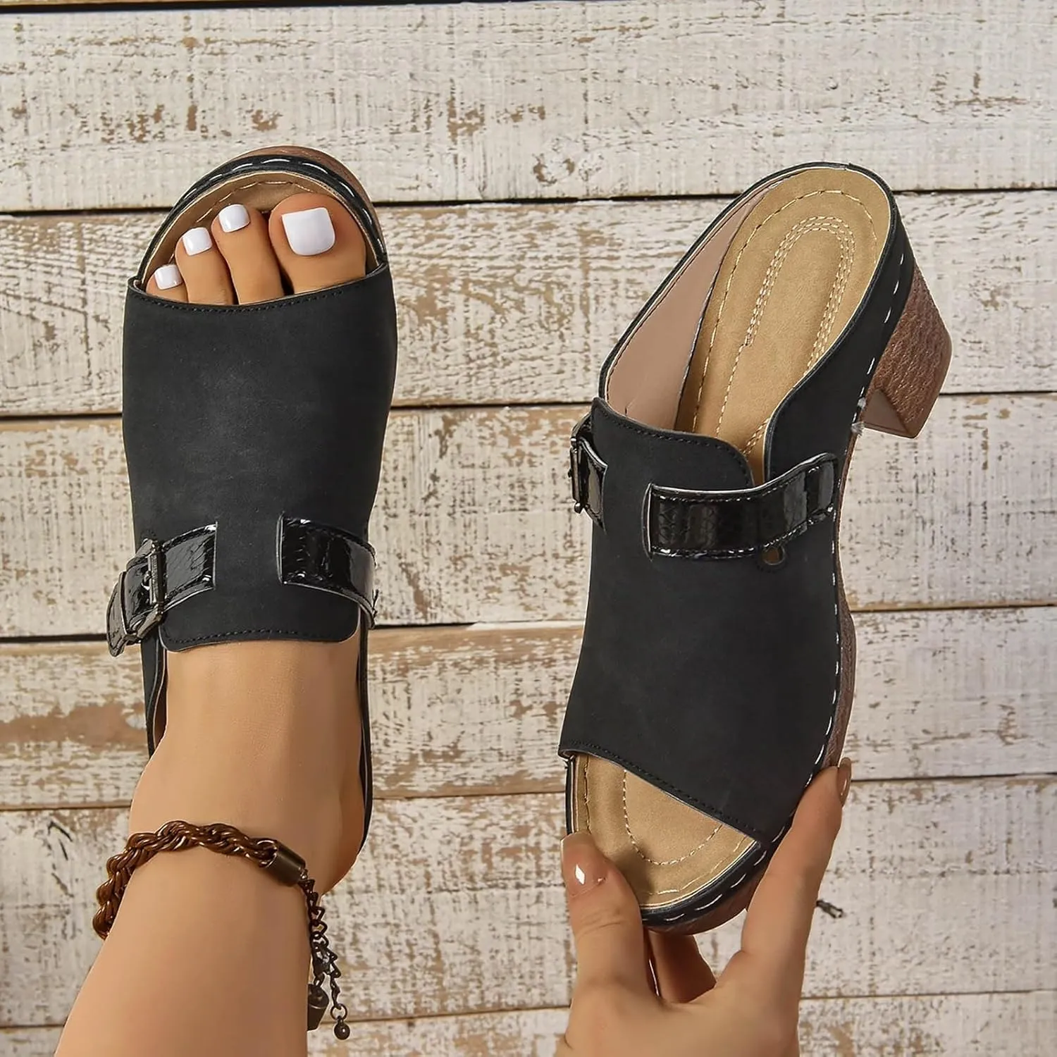 Block Heel Sandals for Women Summer Casual Fish Mouth Slip On Arch Support Sandals 2025 Dressy Ankle Strap Slippers Beach Shoes