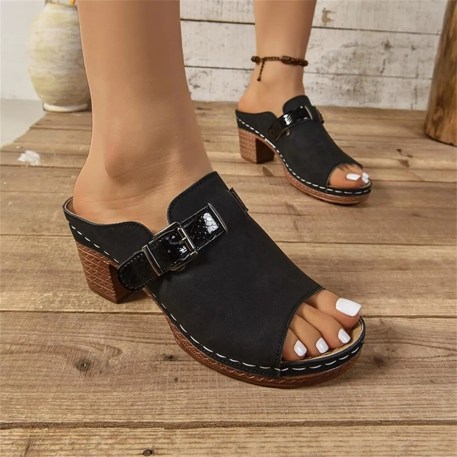 Block Heel Sandals for Women Summer Casual Fish Mouth Slip On Arch Support Sandals 2025 Dressy Ankle Strap Slippers Beach Shoes