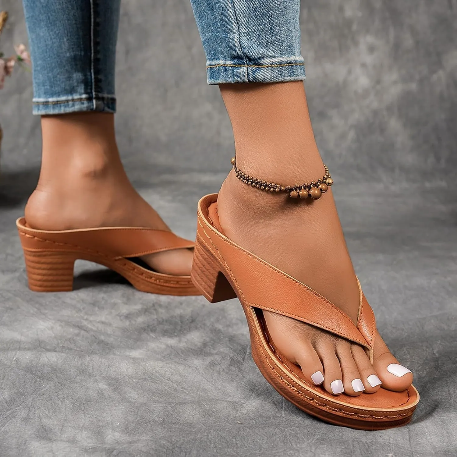 Block Heel Sandals for Women,Women's Orthopedic Dressy Chunky Sandal Summer Arch Support Comfortable Slip-On Low Heeled Open Toe Slides Fashion Wedding Party Dress Casual Mules Slip-on Shoes