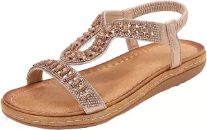 Bohemian Sandals for Women Flat Sandal Elastic Ankle Strap Dressy Casual Summer Shoes Hiking Wortout Shoe Beach
