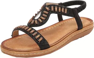 Bohemian Sandals for Women Flat Sandal Elastic Ankle Strap Dressy Casual Summer Shoes Hiking Wortout Shoe Beach