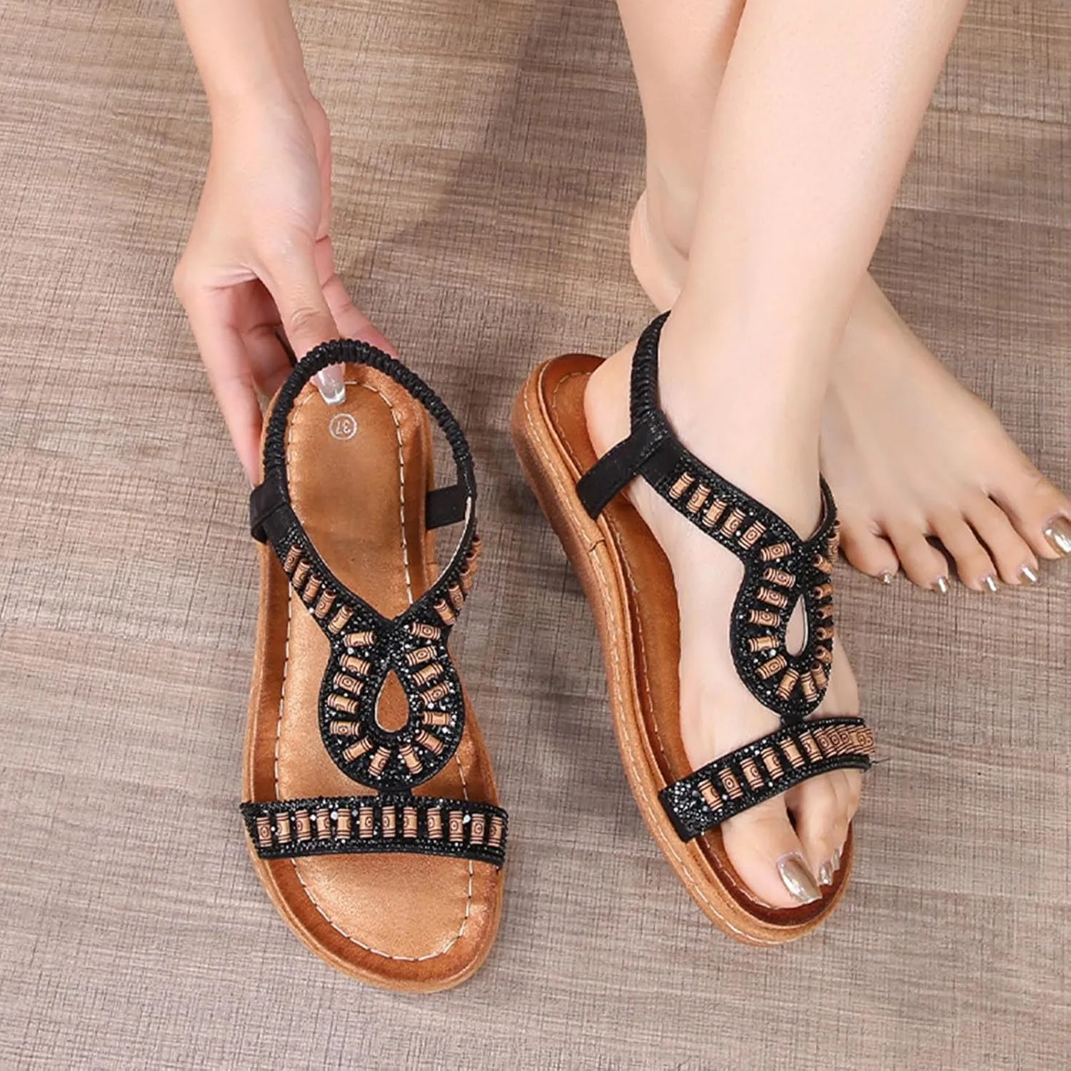 Bohemian Sandals for Women Flat Sandal Elastic Ankle Strap Dressy Casual Summer Shoes Hiking Wortout Shoe Beach