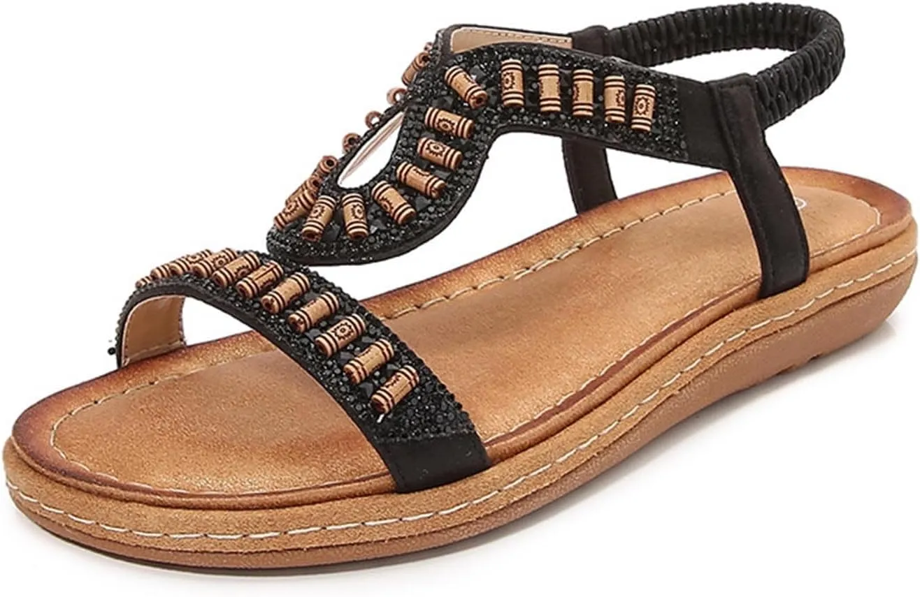 Bohemian Sandals for Women Flat Sandal Elastic Ankle Strap Dressy Casual Summer Shoes Hiking Wortout Shoe Beach