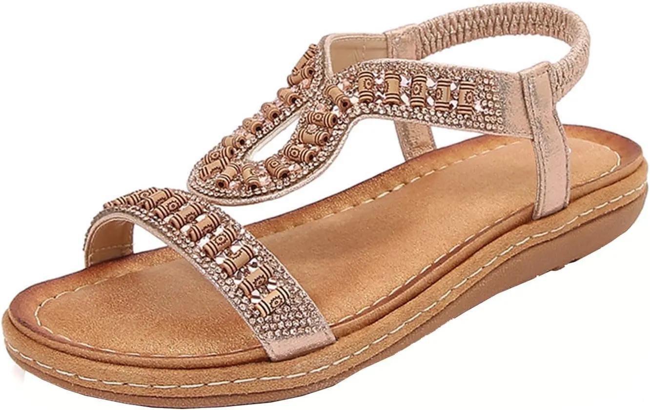 Bohemian Sandals for Women Flat Sandal Elastic Ankle Strap Dressy Casual Summer Shoes Hiking Wortout Shoe Beach