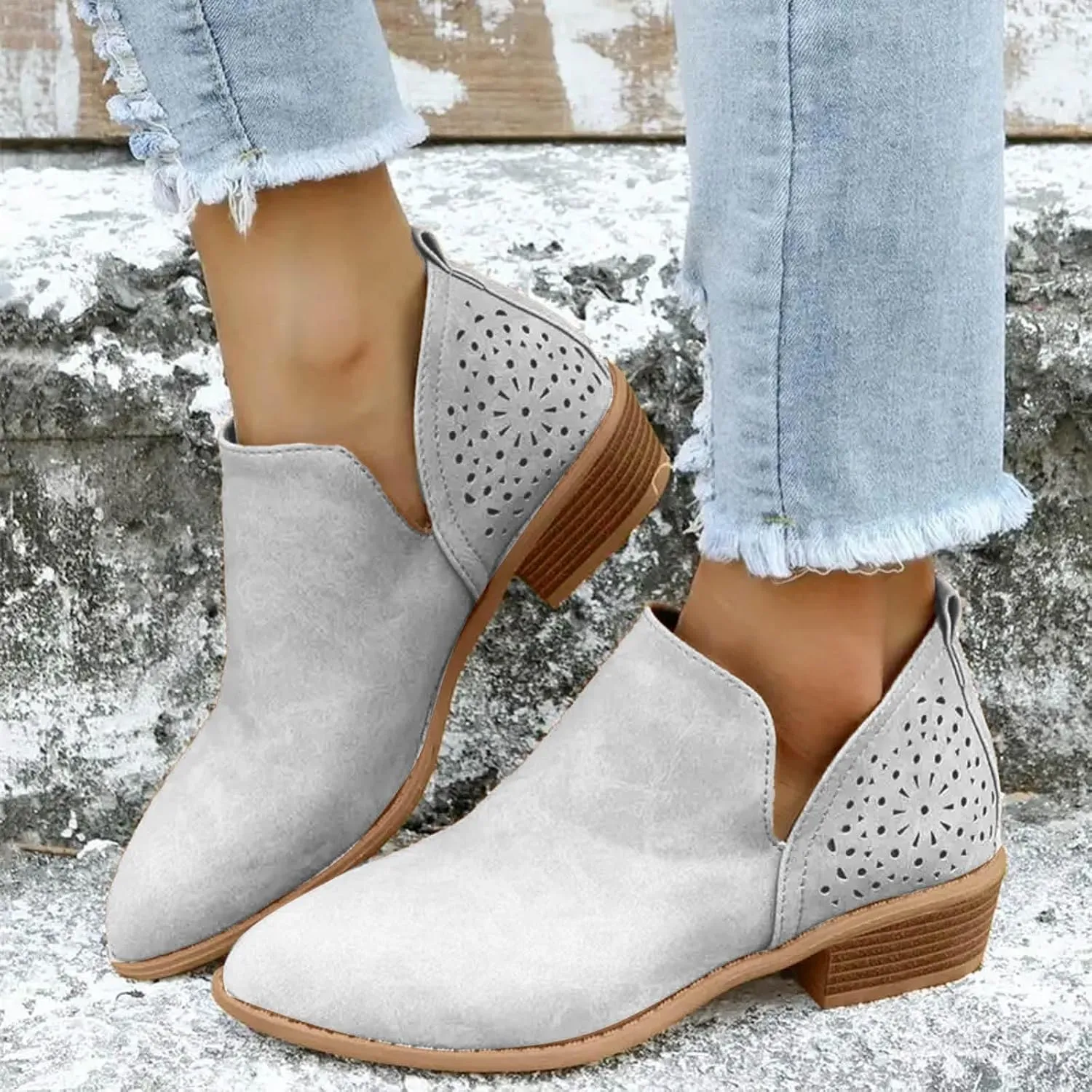 Boots for Women Ankle Booties Dressy Low Heel Booties for Women Embroidered Rainbow Side Heel Patch Fashionable