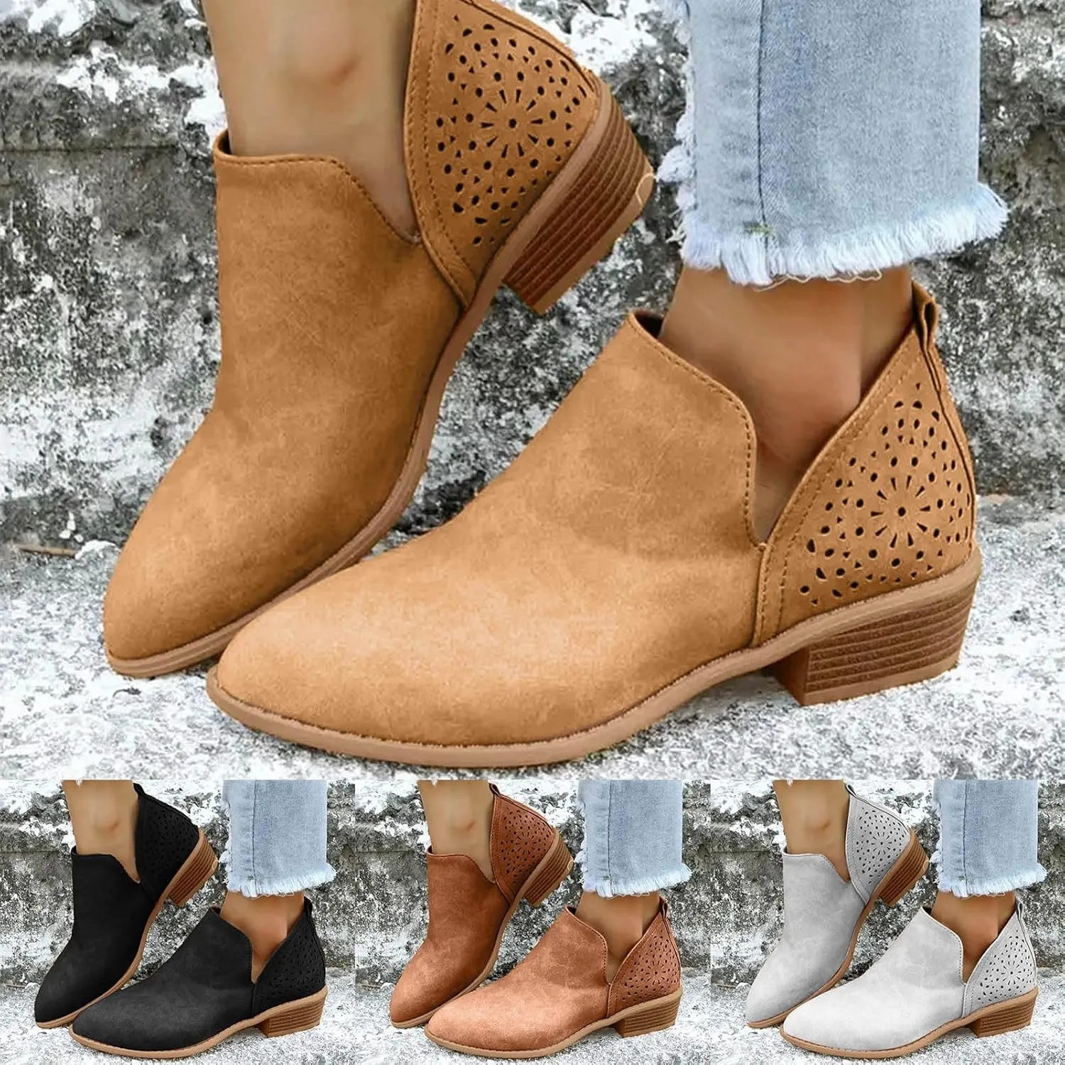 Boots for Women Ankle Booties Dressy Low Heel Booties for Women Embroidered Rainbow Side Heel Patch Fashionable