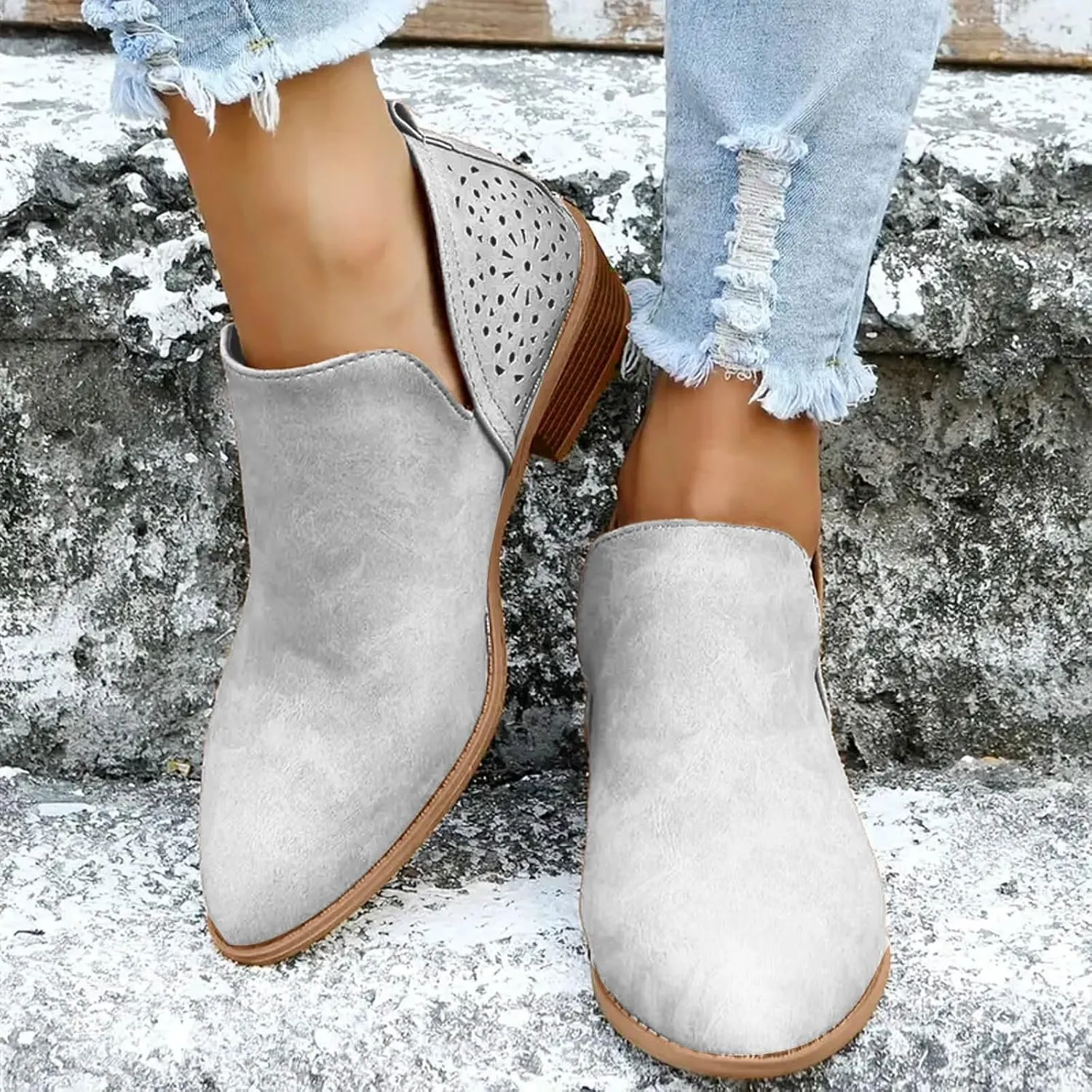 Boots for Women Ankle Booties Dressy Low Heel Booties for Women Embroidered Rainbow Side Heel Patch Fashionable