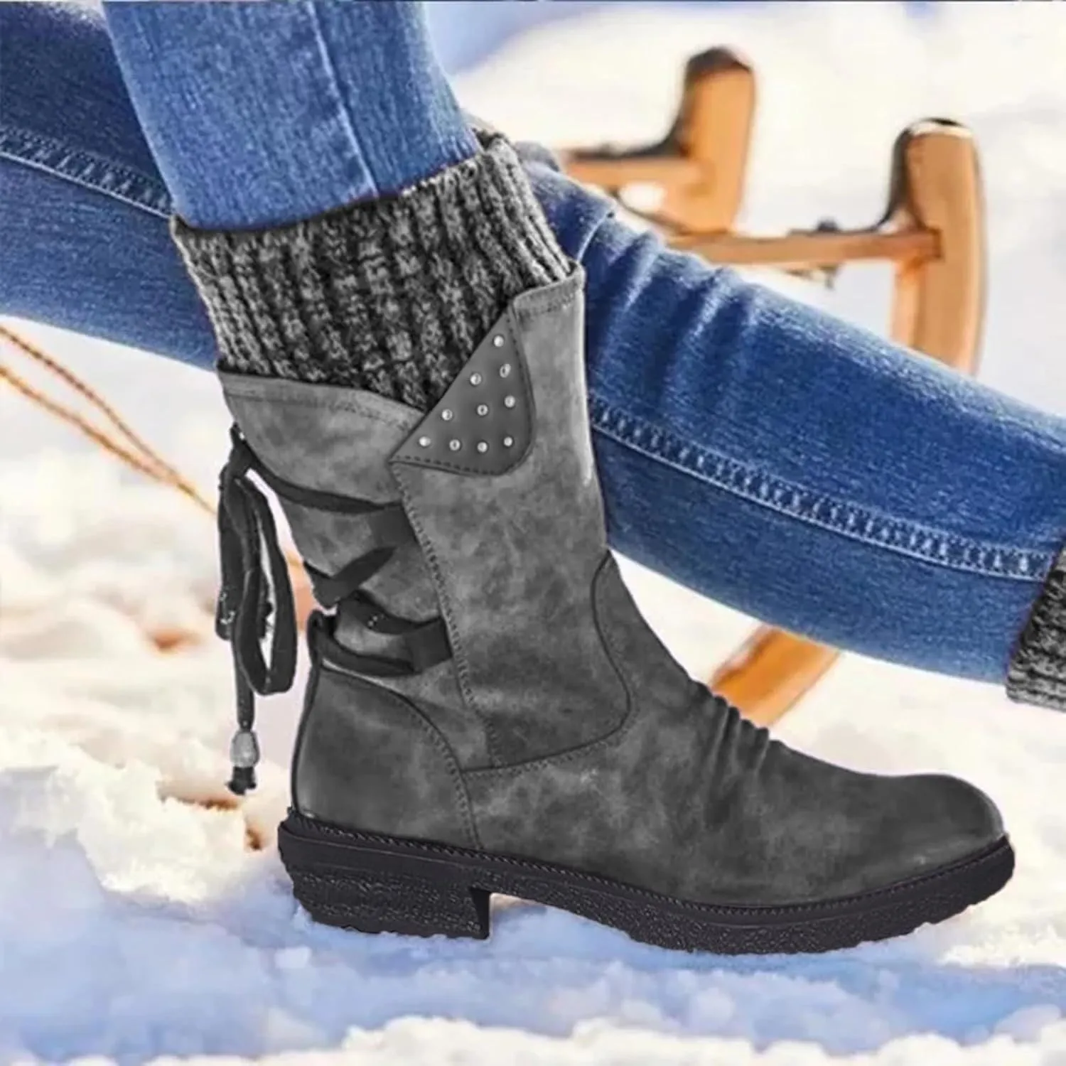 Boots for Women Lace up Fur Lined Booties Mid Calf Chunky Thick Heel Round Toe with Side Zipper Waterproof Winter Snow Shoes
