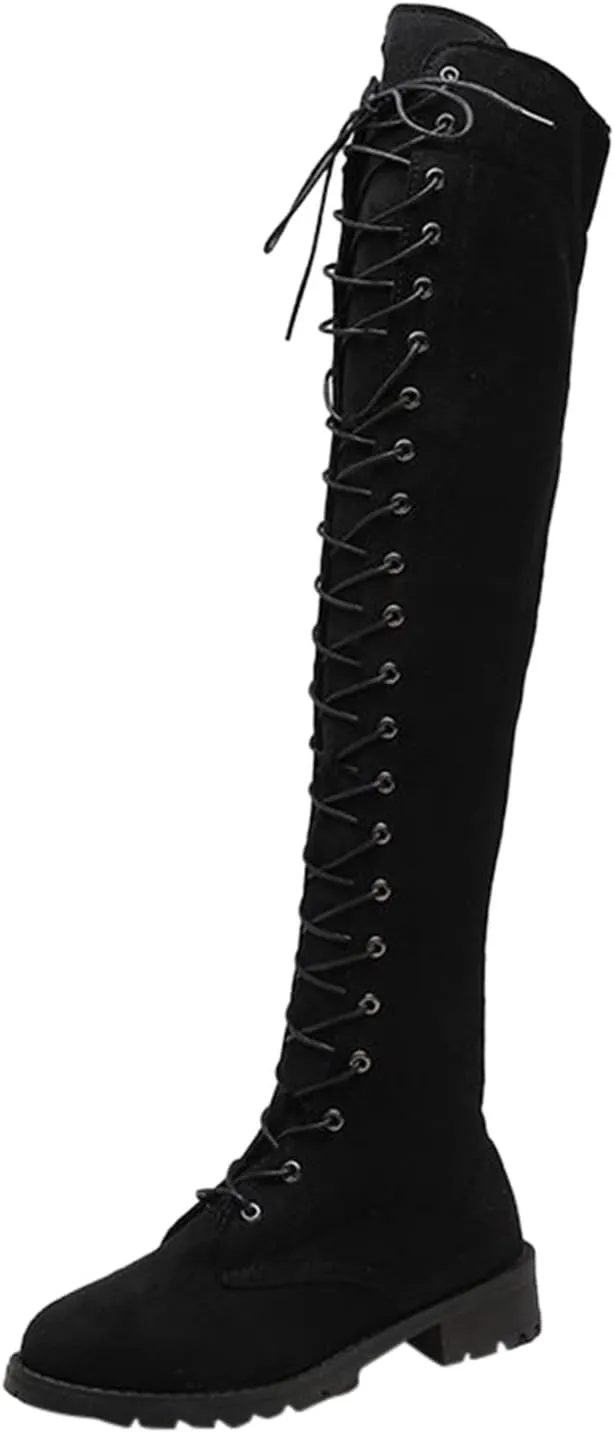 Boots for Women Lace Up Solid Color Round Toe Thick Sole Womens Boots Anti-slip Comfortable Fashion Suede Boots