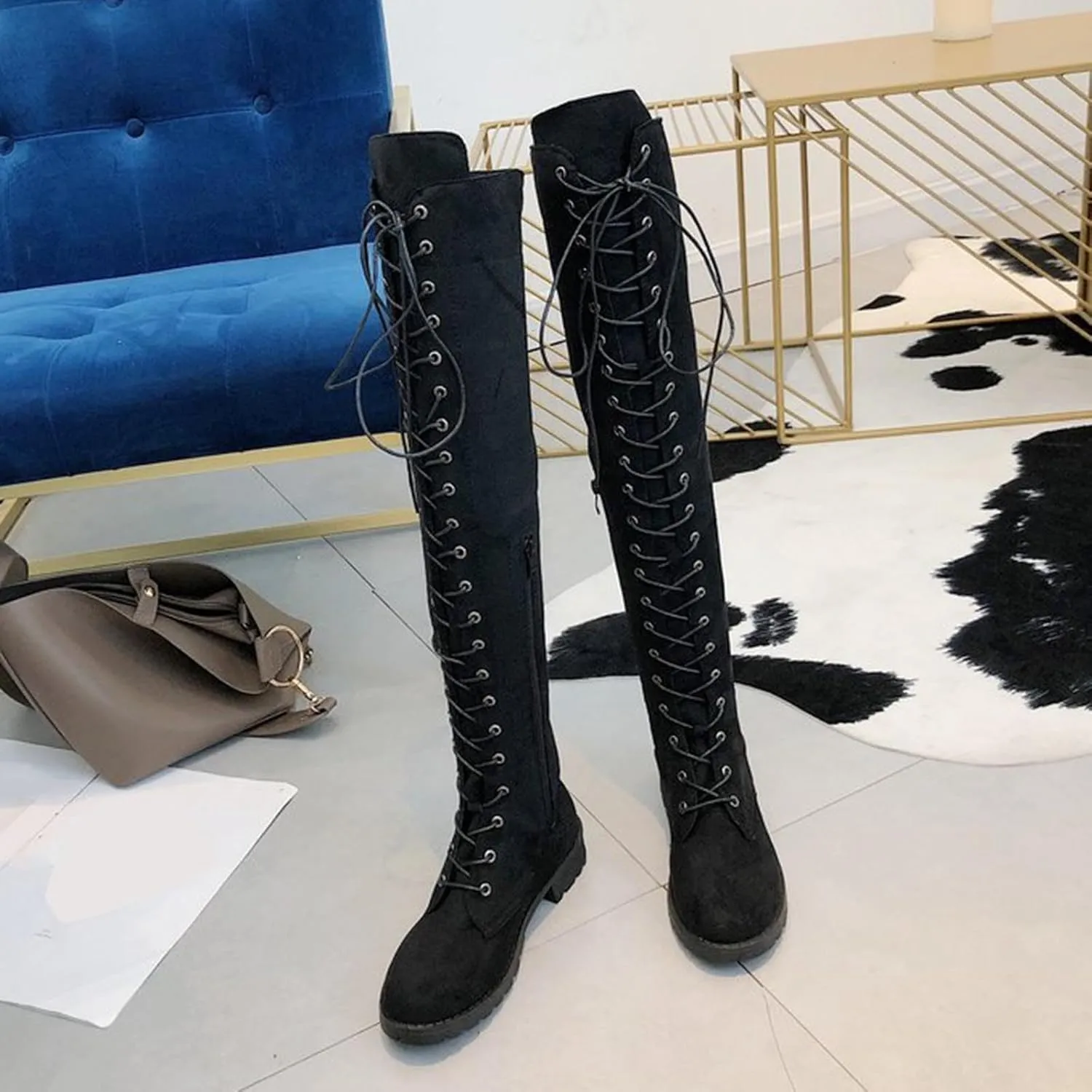 Boots for Women Lace Up Solid Color Round Toe Thick Sole Womens Boots Anti-slip Comfortable Fashion Suede Boots