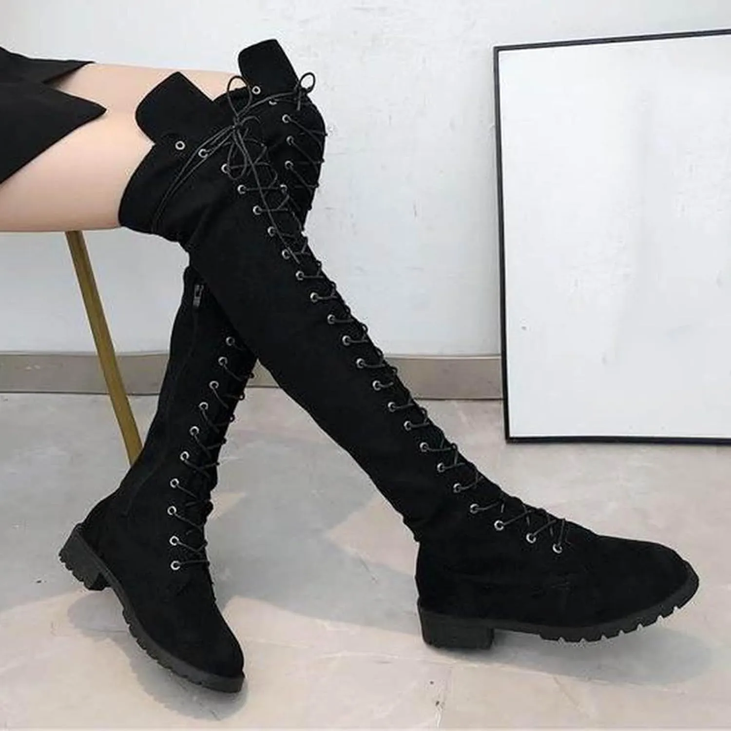 Boots for Women Lace Up Solid Color Round Toe Thick Sole Womens Boots Anti-slip Comfortable Fashion Suede Boots