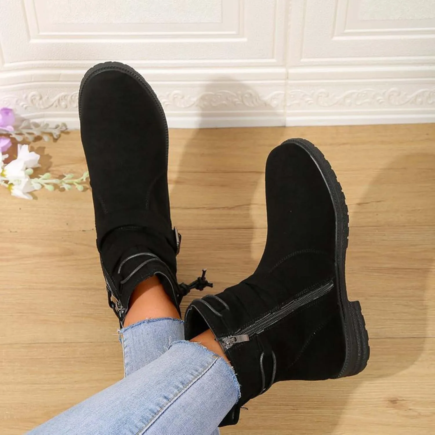 Boots for Women Retro Belt Buckle Boots Bundle Rope Suede Square Heel Boots Outdoor Round Toe Boots