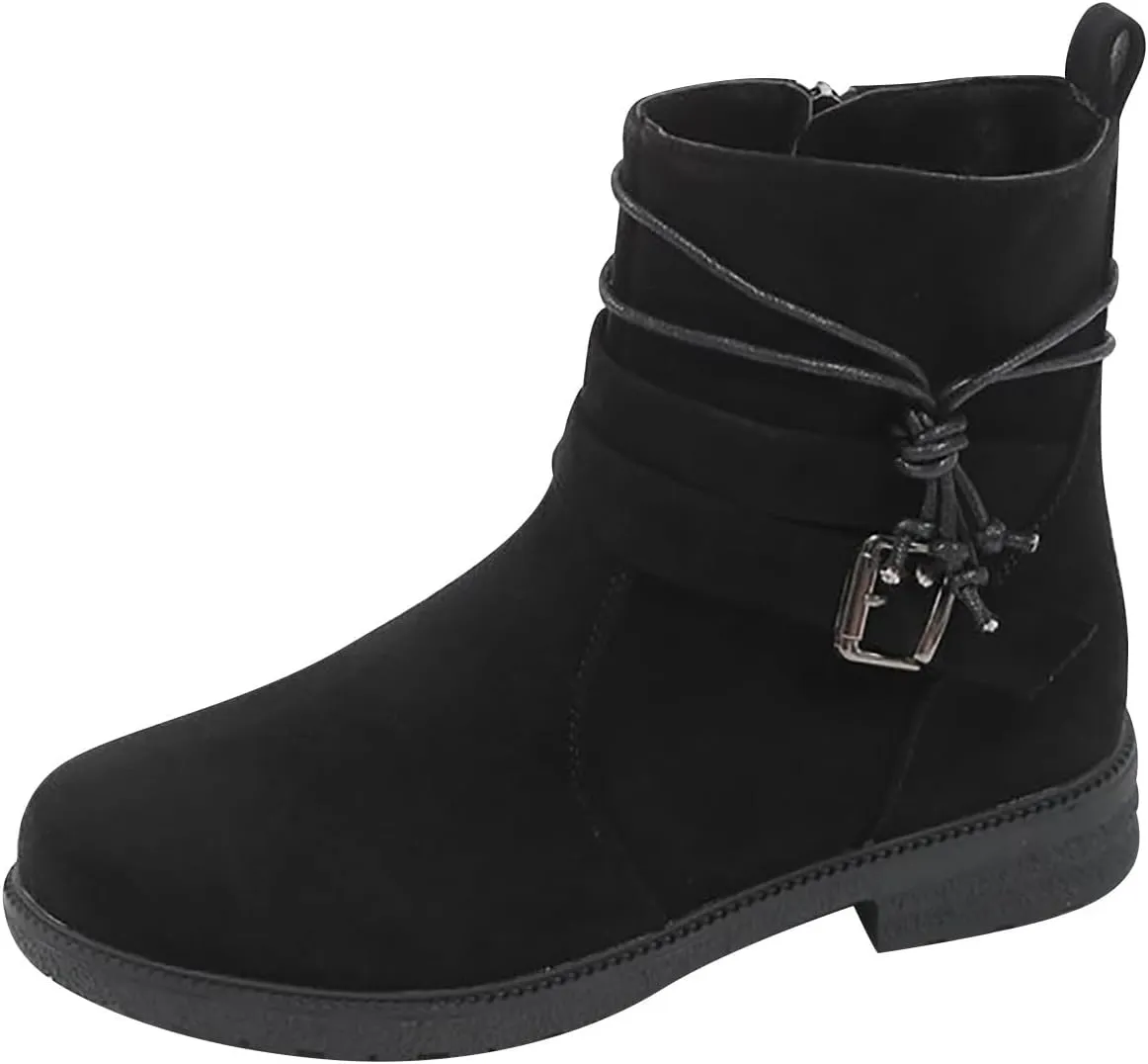 Boots for Women Retro Belt Buckle Boots Bundle Rope Suede Square Heel Boots Outdoor Round Toe Boots