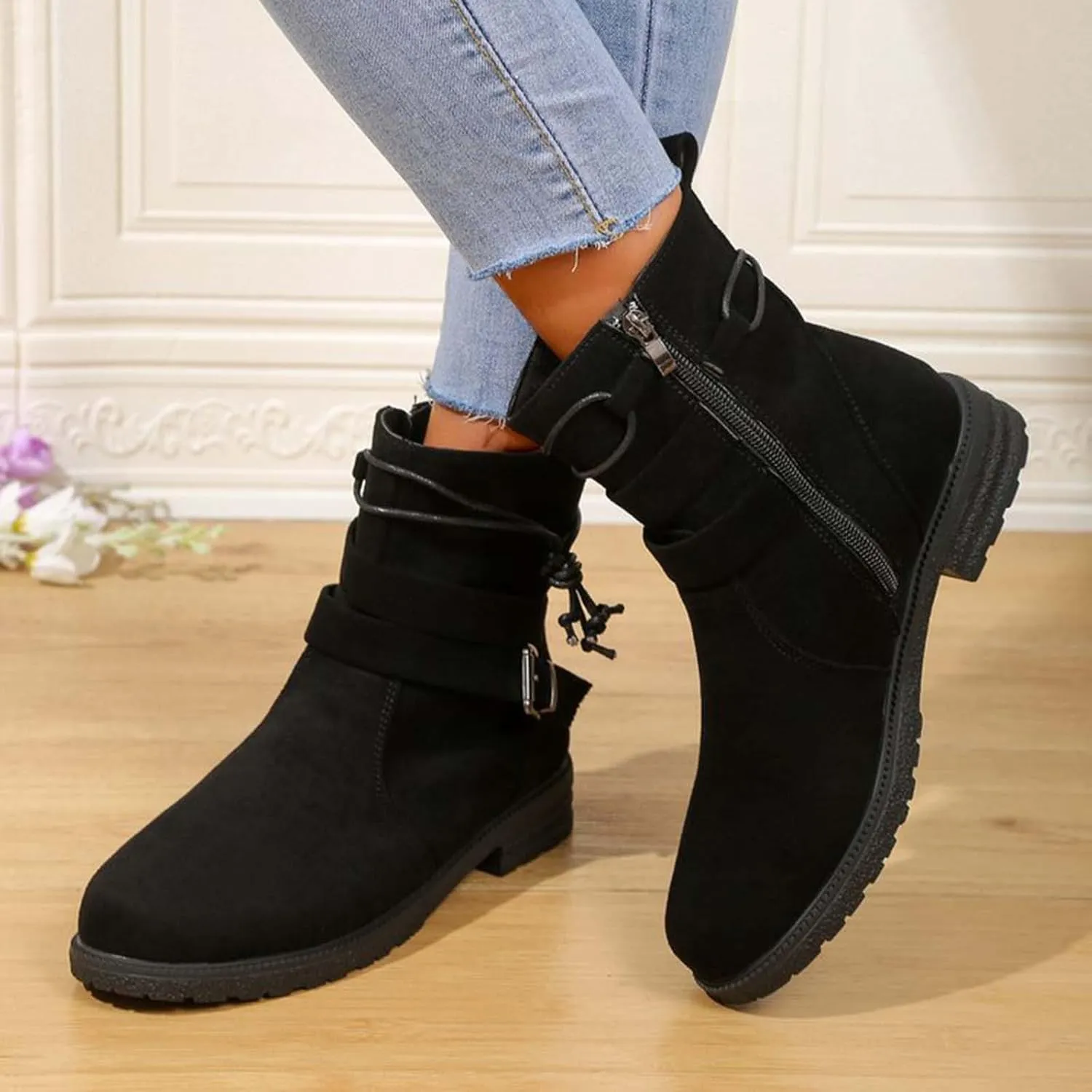 Boots for Women Retro Belt Buckle Boots Bundle Rope Suede Square Heel Boots Outdoor Round Toe Boots