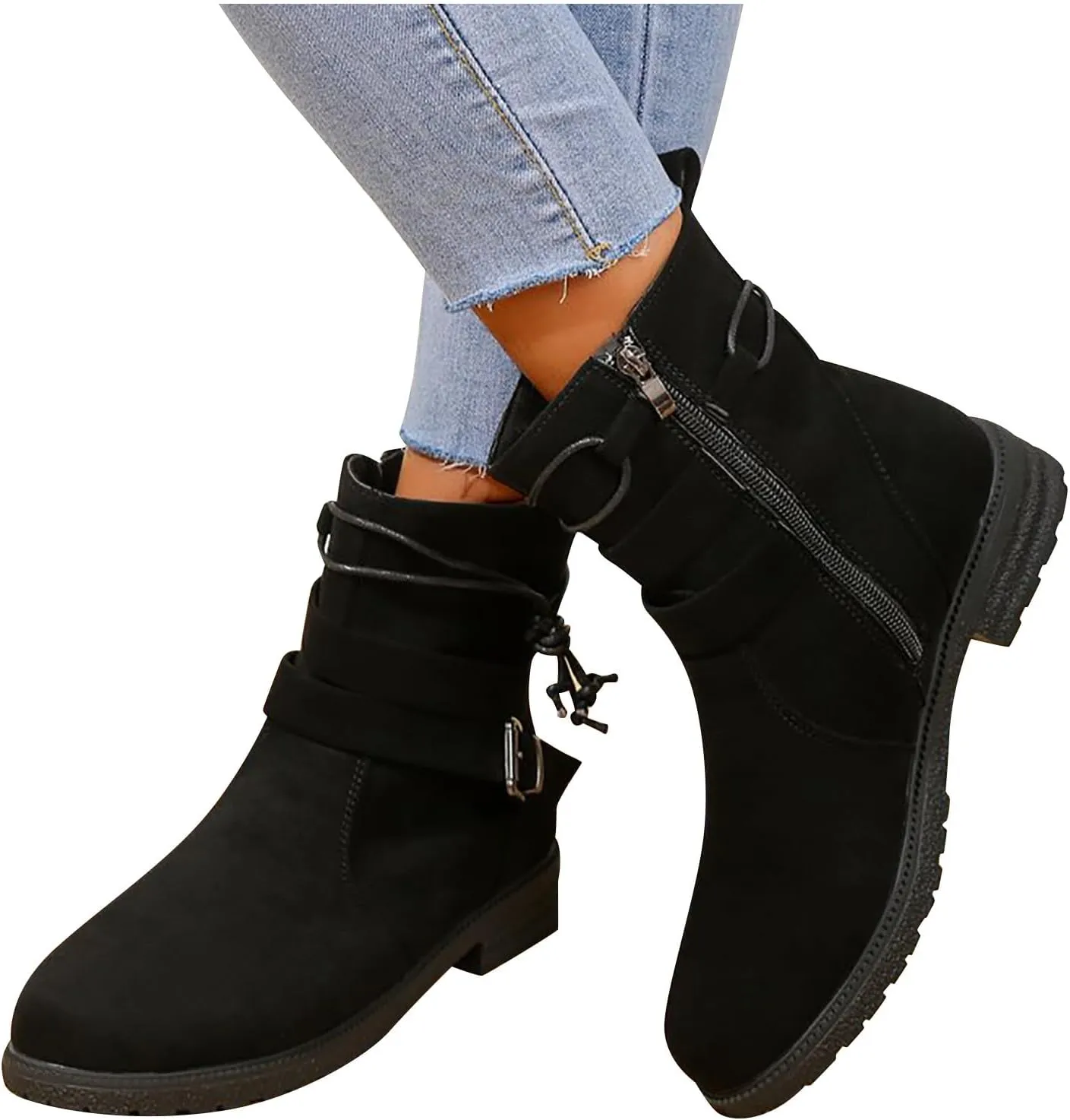 Boots for Women Retro Belt Buckle Boots Bundle Rope Suede Square Heel Boots Outdoor Round Toe Boots