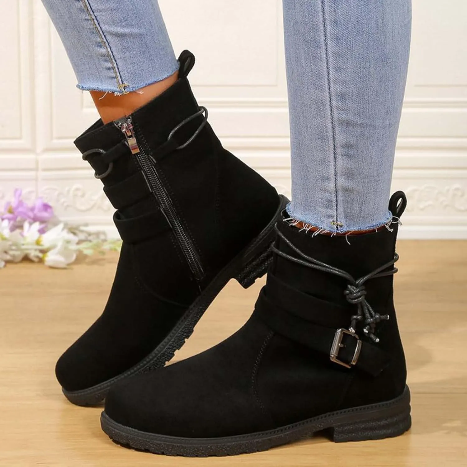 Boots for Women Retro Belt Buckle Boots Bundle Rope Suede Square Heel Boots Outdoor Round Toe Boots