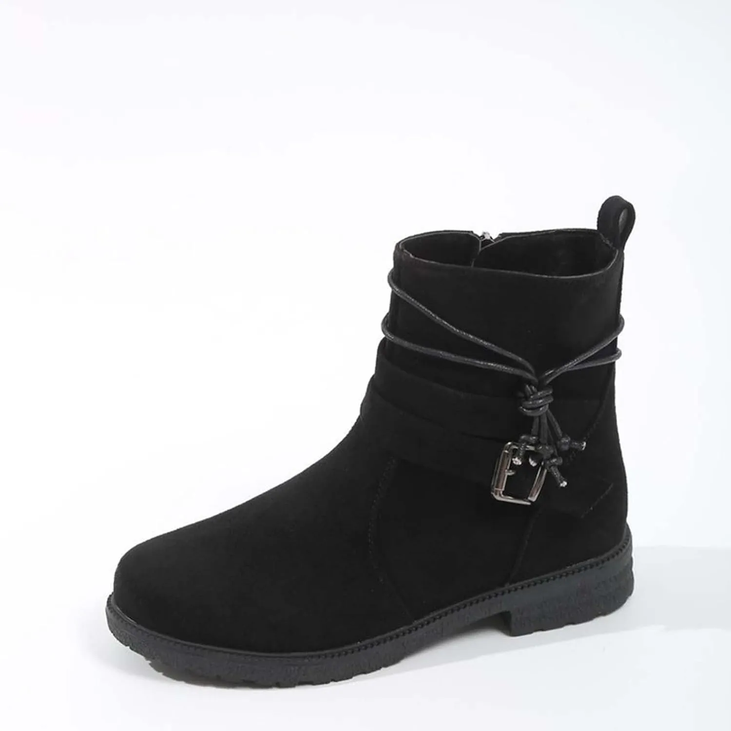 Boots for Women Retro Belt Buckle Boots Bundle Rope Suede Square Heel Boots Outdoor Round Toe Boots