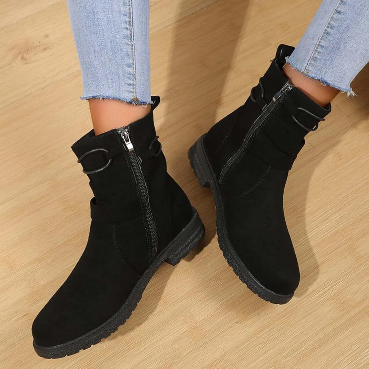 Boots for Women Retro Belt Buckle Boots Bundle Rope Suede Square Heel Boots Outdoor Round Toe Boots