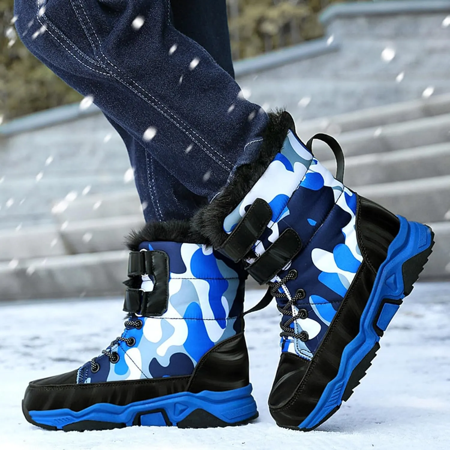 Boys Snow Boots Winter Fur Lined Waterproof Slip Resistant Boots High Top Sneakers Cold Weather Hiking Boots Shoes