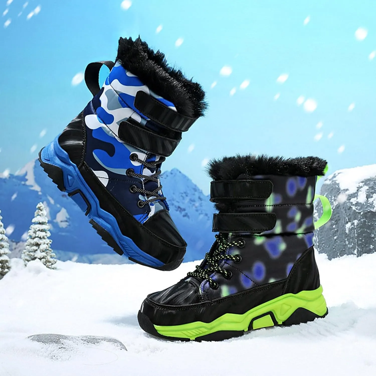 Boys Snow Boots Winter Fur Lined Waterproof Slip Resistant Boots High Top Sneakers Cold Weather Hiking Boots Shoes
