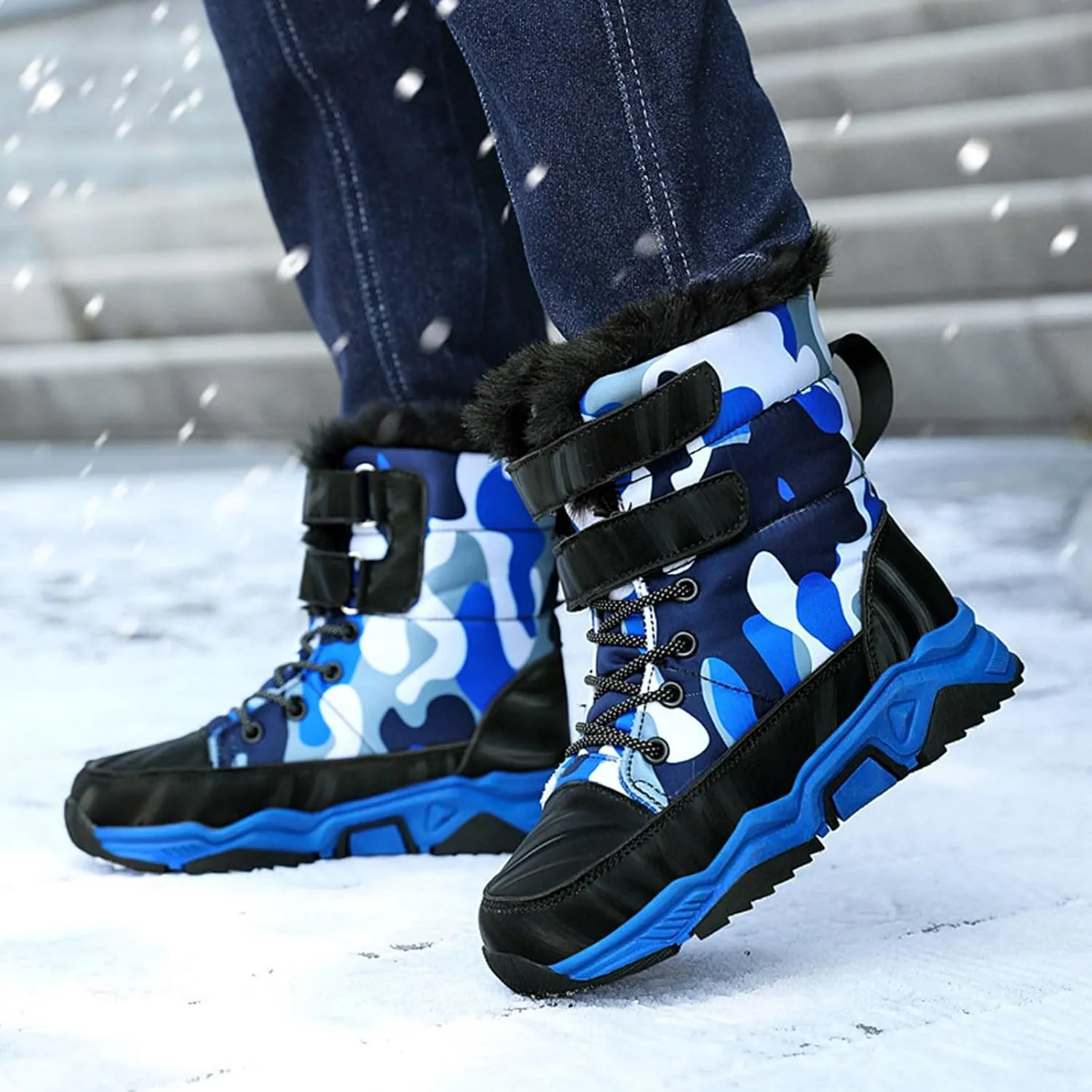 Boys Snow Boots Winter Fur Lined Waterproof Slip Resistant Boots High Top Sneakers Cold Weather Hiking Boots Shoes