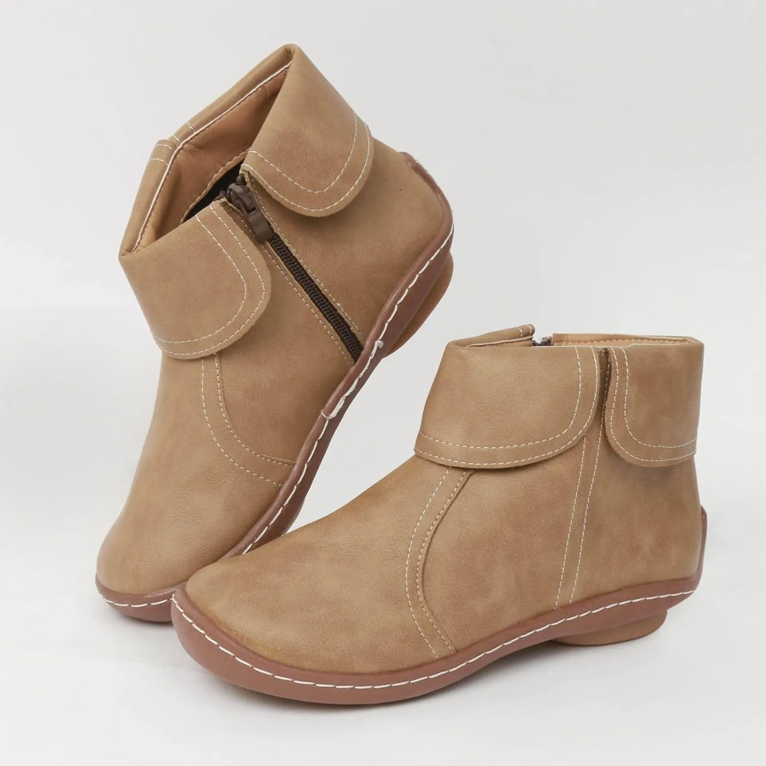 Cathalem Ankle Boots for Women, 2024 New Flat Heel Booties Arch Support Booties Side Zip-up Vintage Leather Damping Shoes