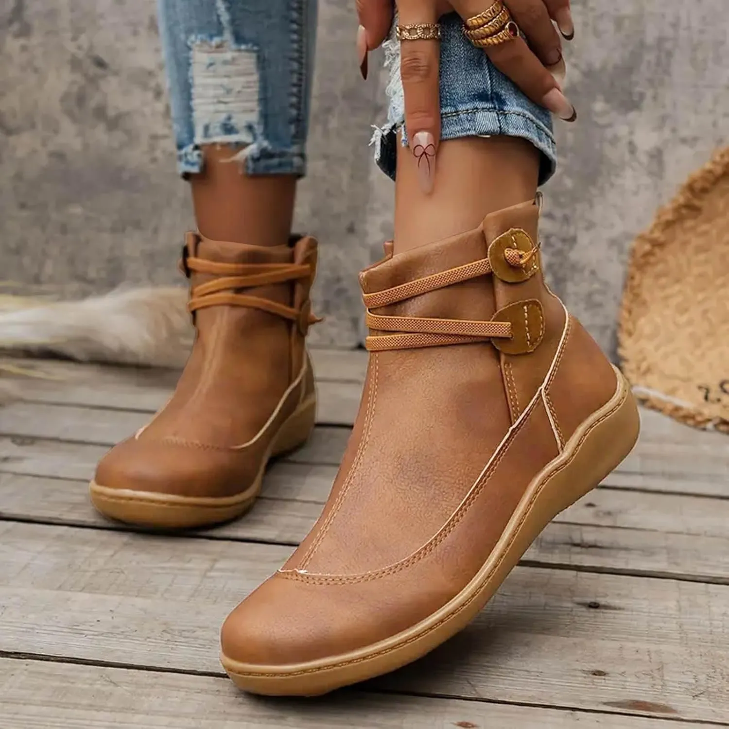 Cathalem Ankle Boots for Women 2024 Wide Calf, Comfy V-Cutout Side Zip Low Heel Ankle Booties, Vintage Leather Hiking Shoes, Pointed Toe Western Short Cowboy Boots, Non-Slip Bootie Fashion
