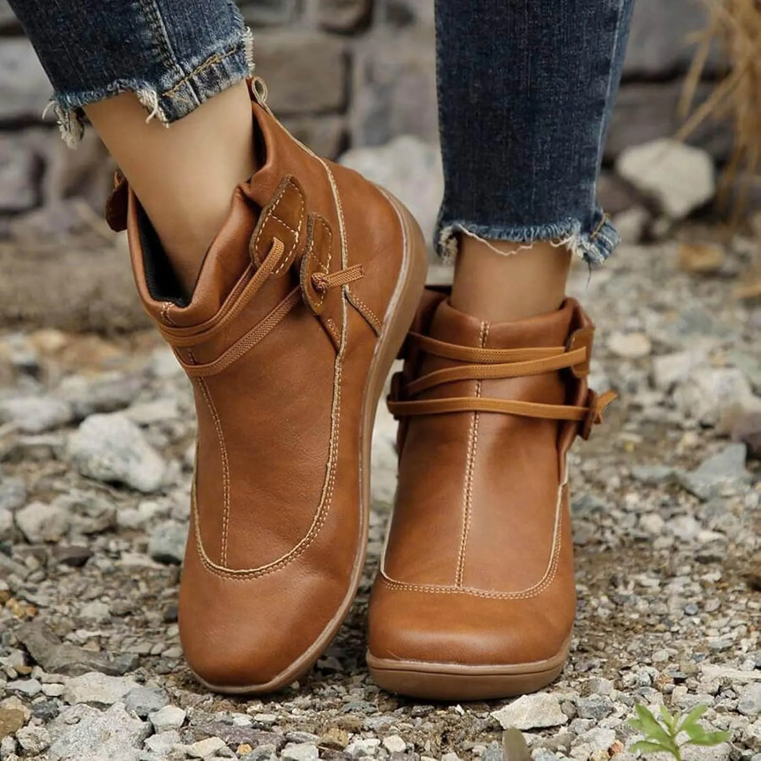 Cathalem Ankle Boots for Women 2024 Wide Calf, Comfy V-Cutout Side Zip Low Heel Ankle Booties, Vintage Leather Hiking Shoes, Pointed Toe Western Short Cowboy Boots, Non-Slip Bootie Fashion