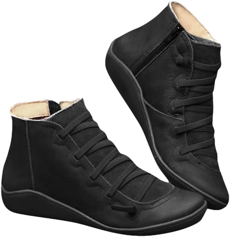 Cathalem Ankle Boots for Women No Heel, 2024 New Arch Support Boots Fashion Lace Up Side Zipper Vintage Retro Ankle Booties