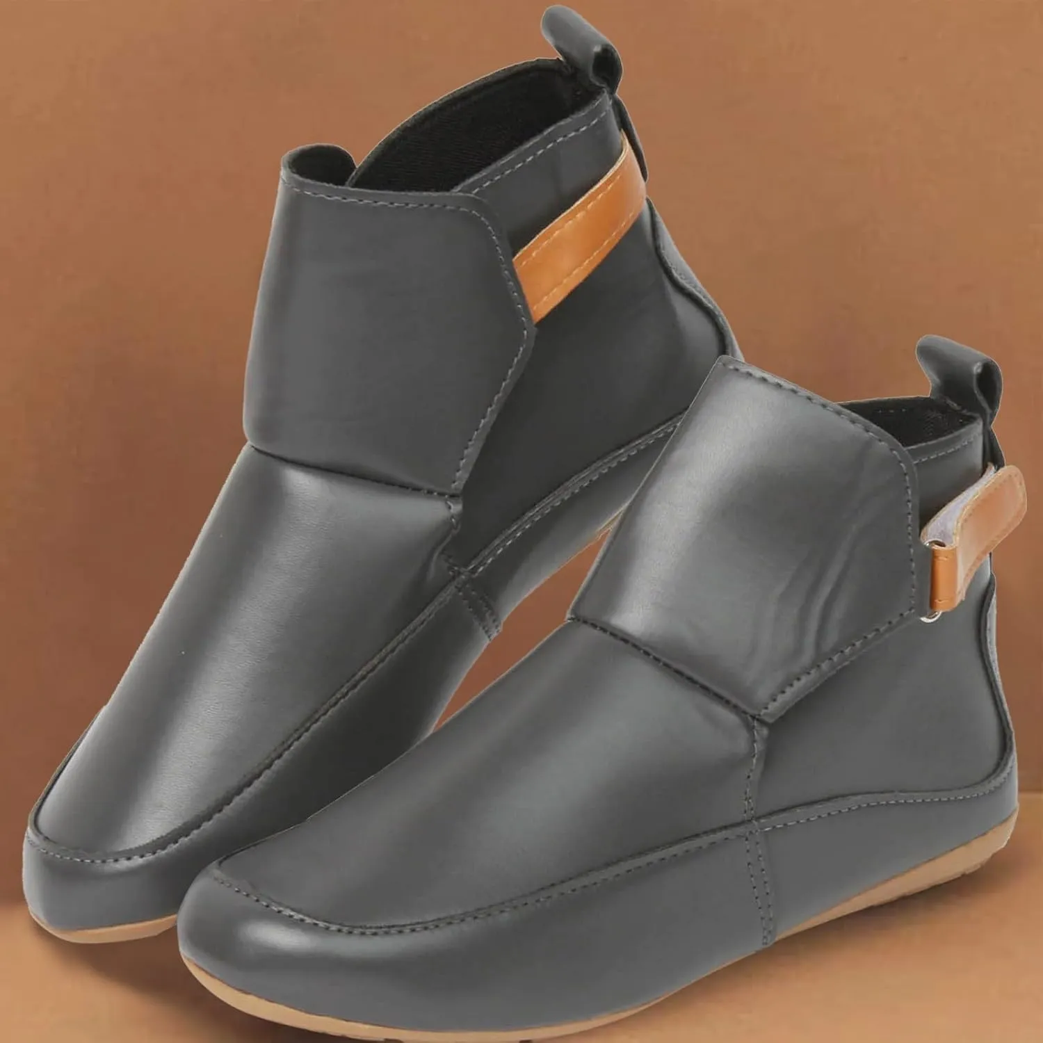 Cathalem Ankle Boots for Women No Heel,Arch Support Booties Side Zip-up Vintage Leather Damping Shoes Flat Heel Booties